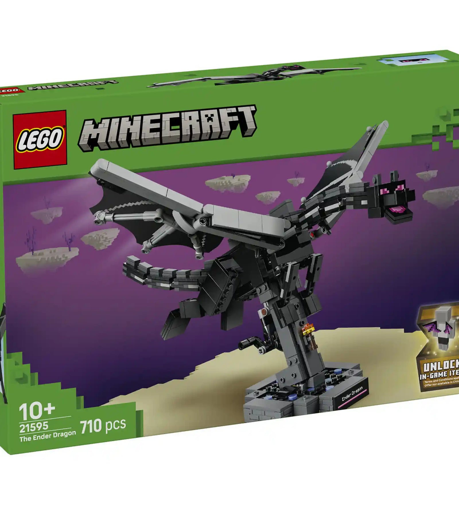 LEGO Minecraft A Végzetsárkány (21595) készlet doboza elölnézetből. A csomagolás a 710 elemes, 10 éves kortól ajánlott Minecraft modellt és a játékbeli bónusztartalmat mutatja be.