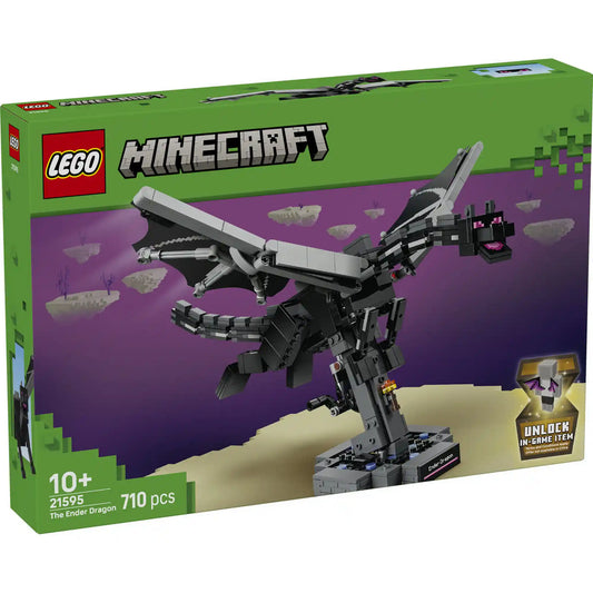 LEGO Minecraft A Végzetsárkány (21595) készlet doboza elölnézetből. A csomagolás a 710 elemes, 10 éves kortól ajánlott Minecraft modellt és a játékbeli bónusztartalmat mutatja be.