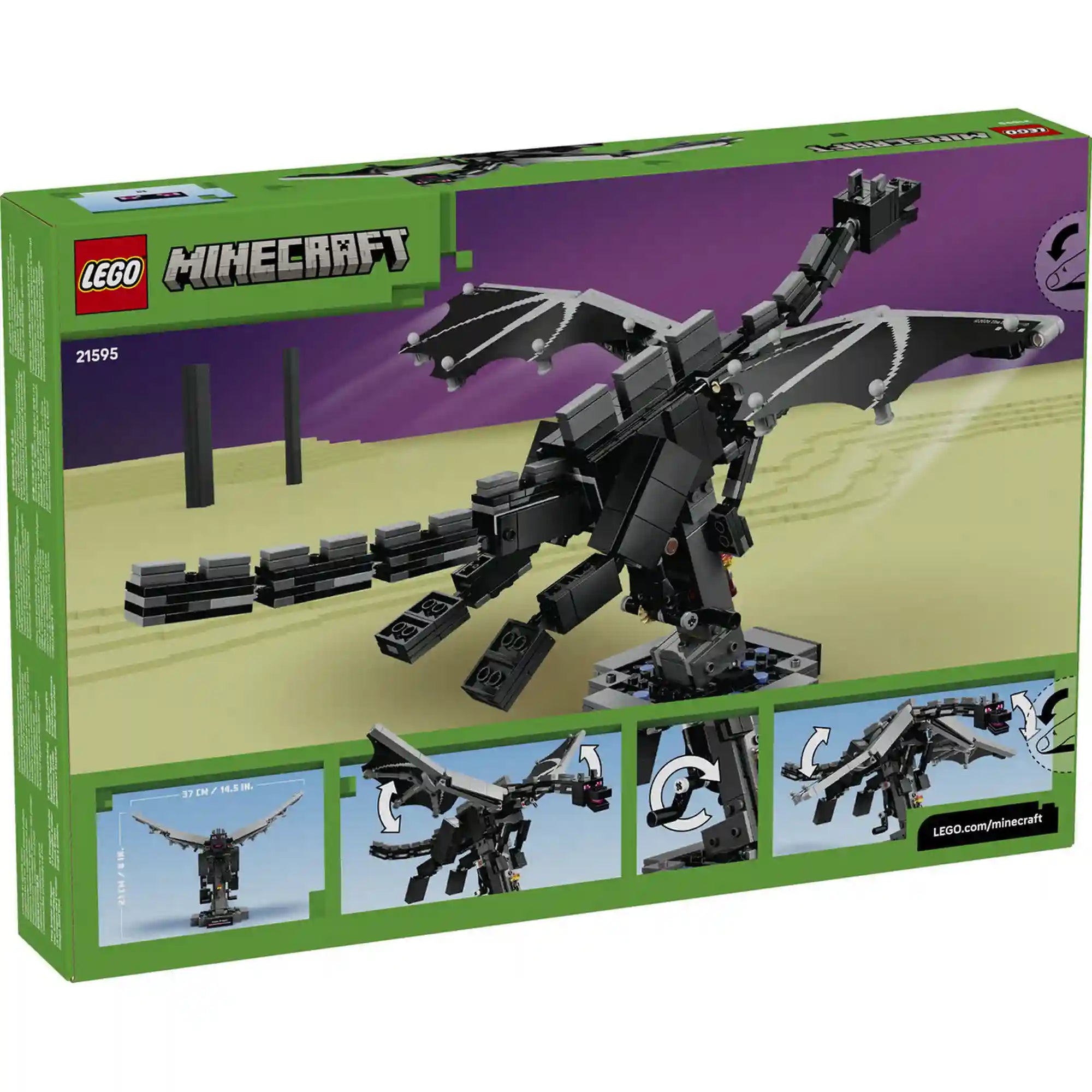 A LEGO Minecraft A Végzetsárkány (21595) készlet hátoldala, amely bemutatja a mozgatható szárnyakat, a forgatható állványt, a kiállítási lehetőségeket és a modell méreteit.