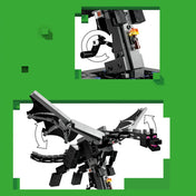 A LEGO Minecraft Végzetsárkány (21595) működő funkcióinak bemutatása. A képen nyilak jelzik a szárnyak csapkodását, a fej mozgását és az állvány forgatógombjának működésé