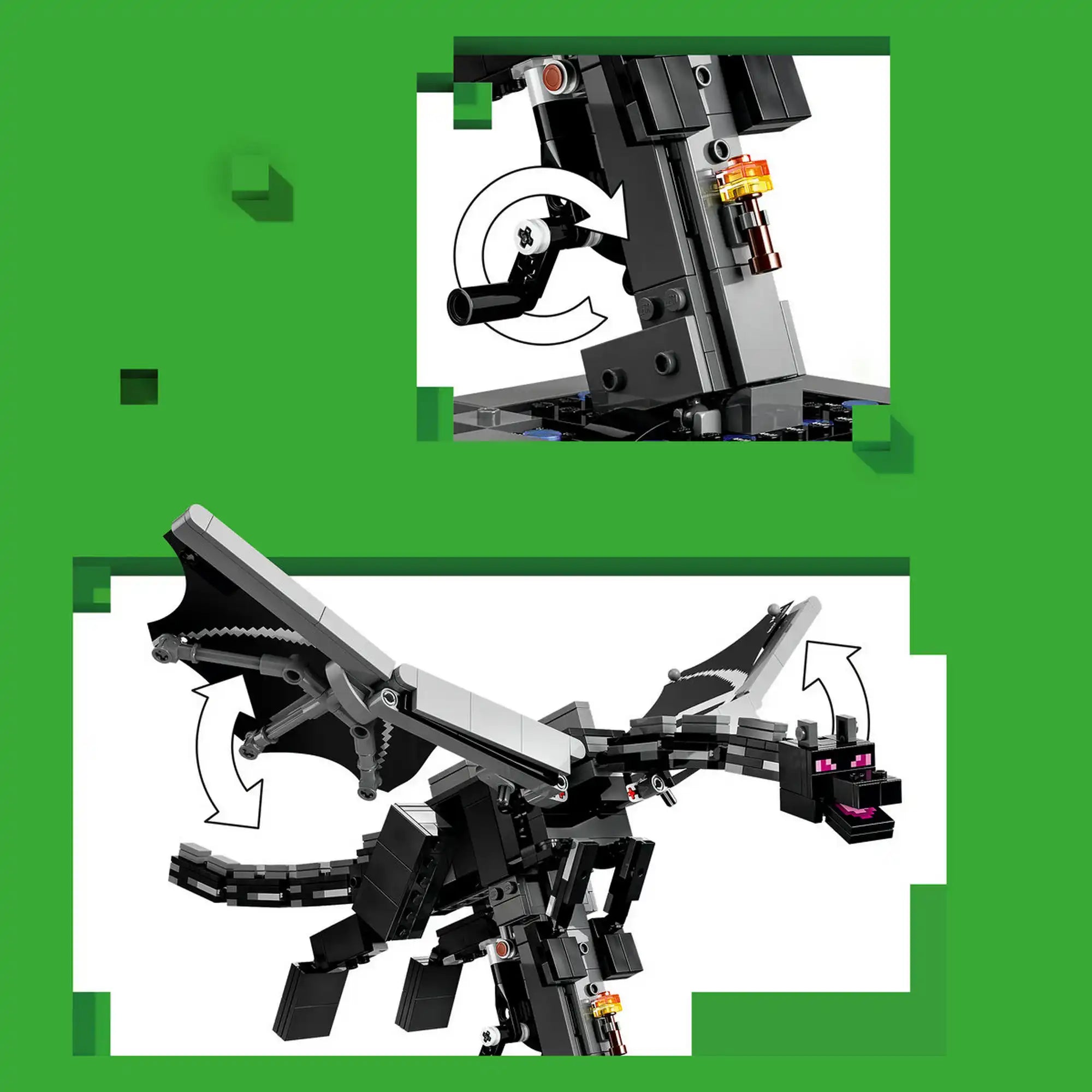 A LEGO Minecraft Végzetsárkány (21595) működő funkcióinak bemutatása. A képen nyilak jelzik a szárnyak csapkodását, a fej mozgását és az állvány forgatógombjának működésé