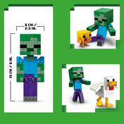 A LEGO Minecraft: Chicken Jockey 21582 készlet figurái különböző pózokban, a Zombi méretének bemutatásával.