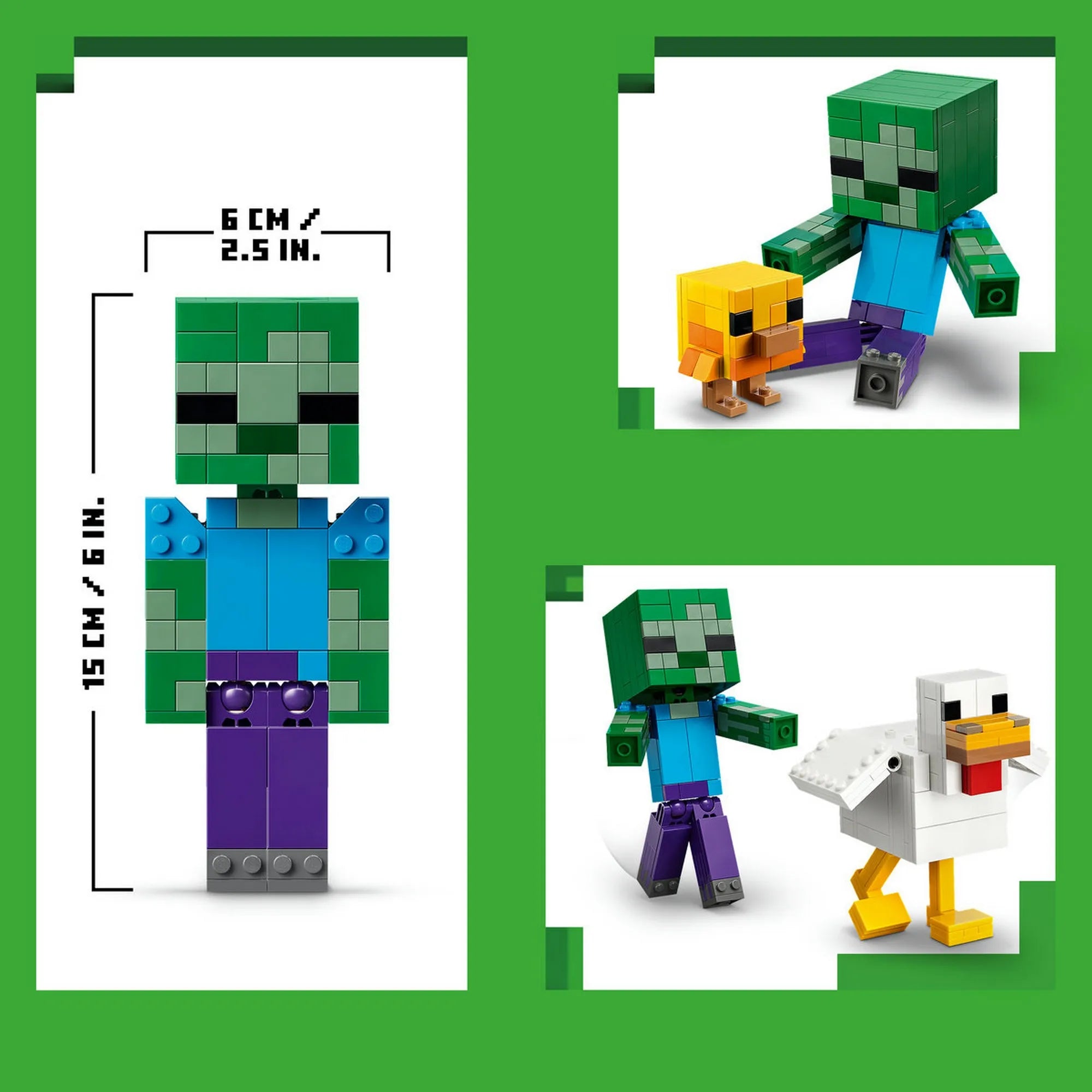A LEGO Minecraft: Chicken Jockey 21582 készlet figurái különböző pózokban, a Zombi méretének bemutatásával.