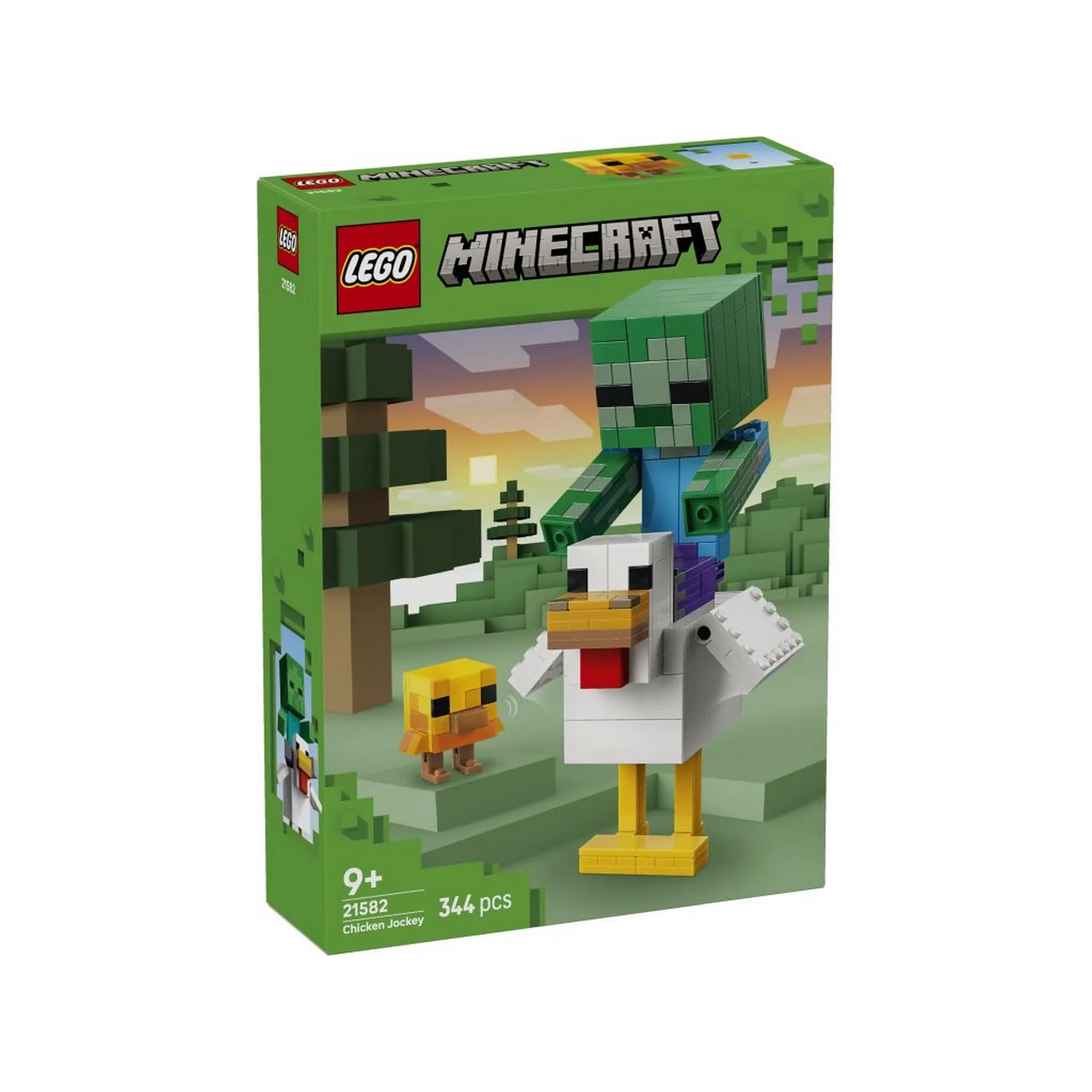 A LEGO Minecraft: Chicken Jockey 21582 készlet dobozának eleje a Zombi, a Csirke és a Csibe figuráival.