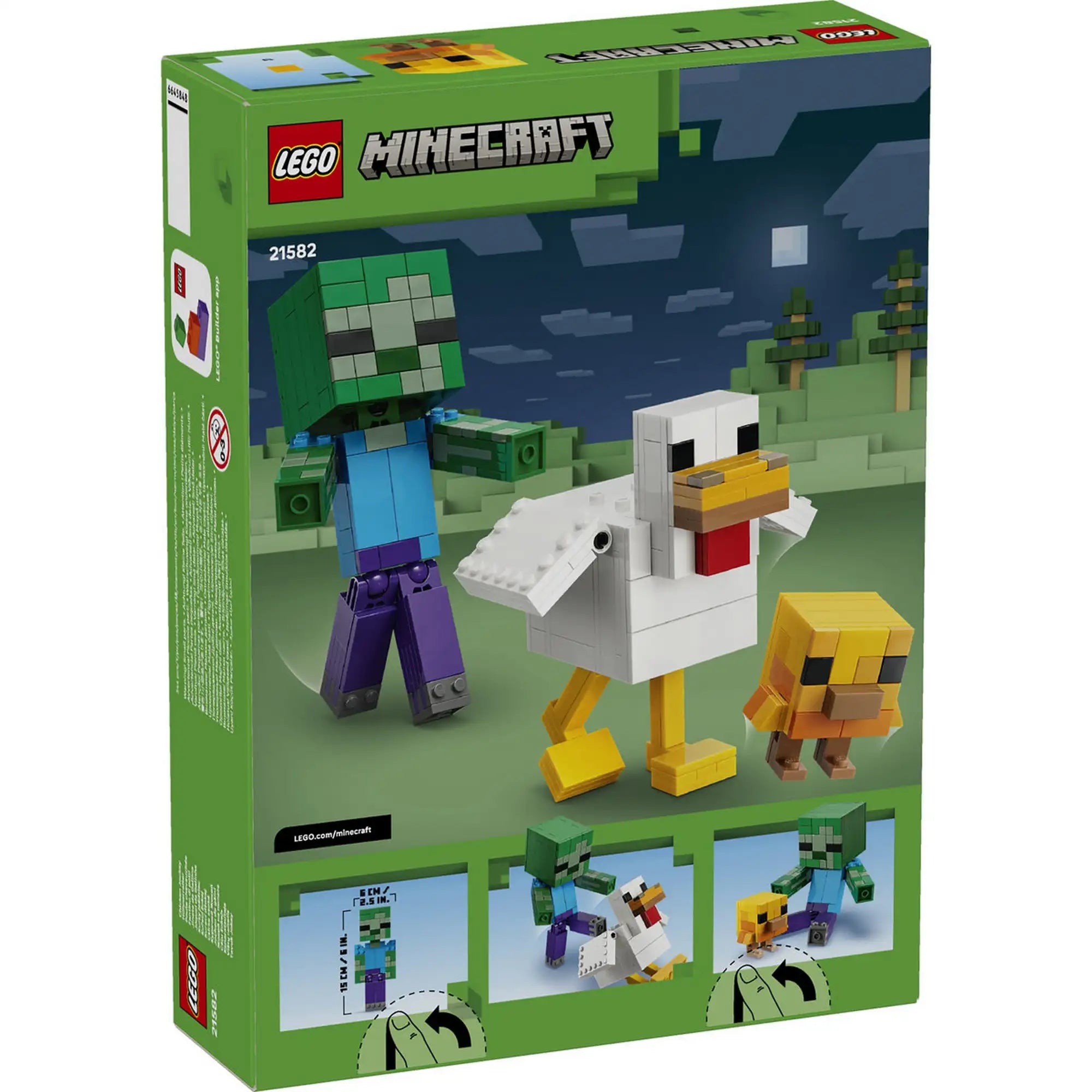 A LEGO Minecraft: Chicken Jockey 21582 készlet dobozának hátoldala, amely bemutatja a Zombi, a Csirke és a Csibe játékfunkcióit.