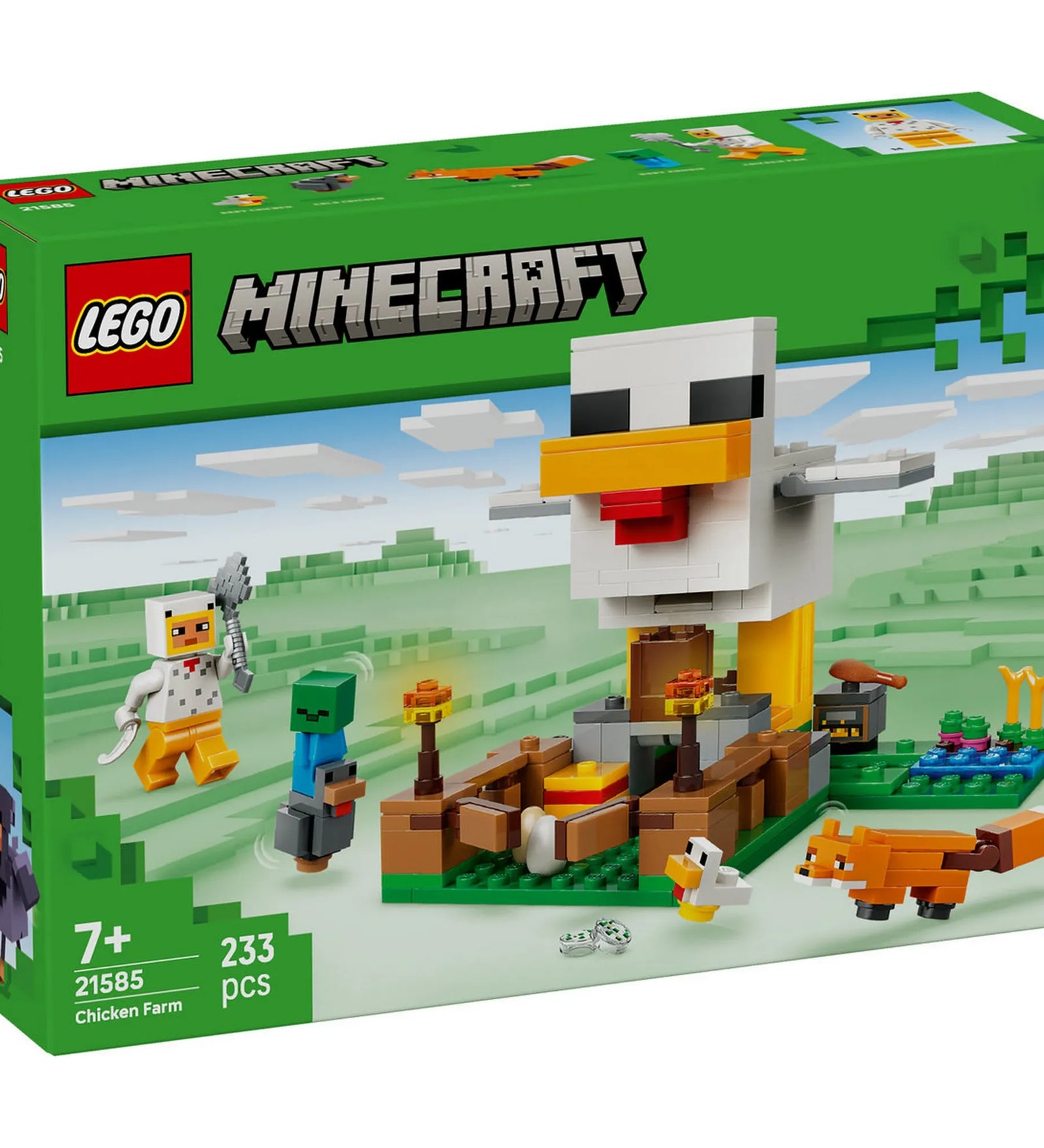 LEGO Minecraft: Csirkefarm 21585 dobozképe, csirke alakú farm építménnyel és Minecraft figurákkal.