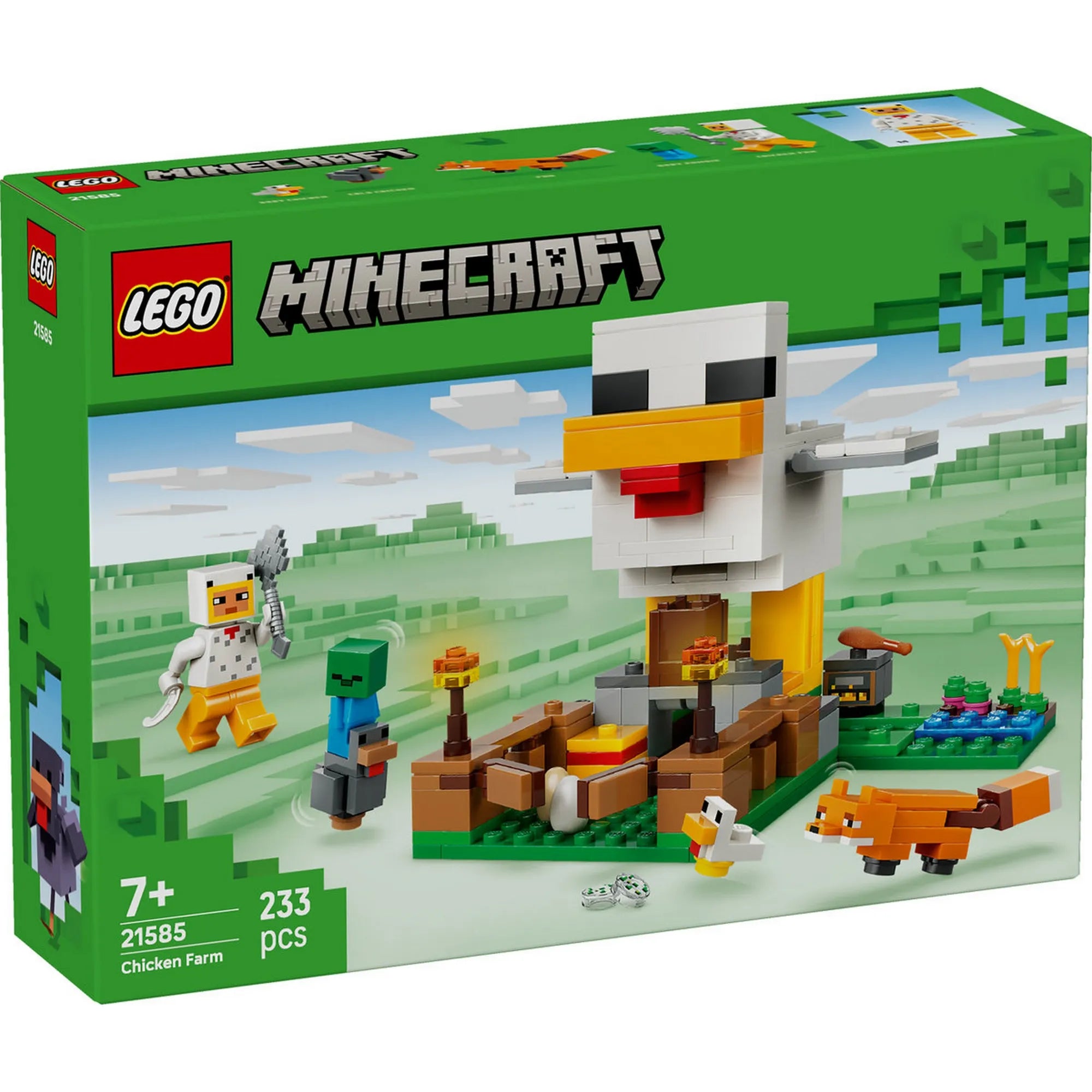 LEGO Minecraft: Csirkefarm 21585 dobozképe, csirke alakú farm építménnyel és Minecraft figurákkal.