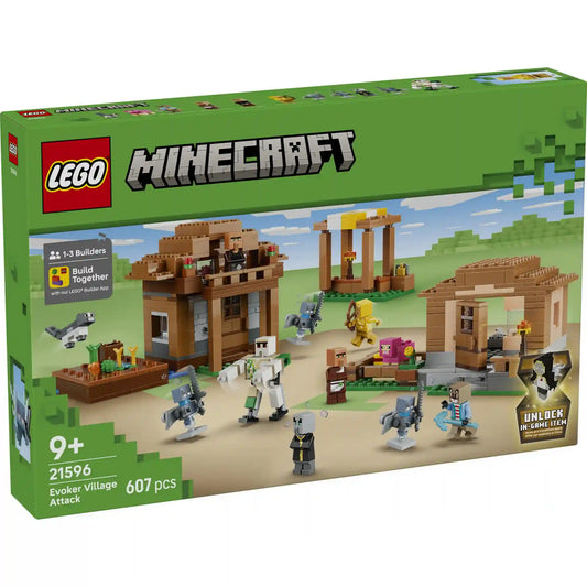 LEGO Minecraft Idézőtámadás a faluban 21596 dobozkép 607 elemes készlettel, falusi házakkal, vasgólemmel és ellenséges lényekkel.