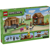 LEGO Minecraft Idézőtámadás a faluban 21596 hátoldali dobozkép, amely bemutatja az épületek belső részleteit, a figurákat és a játéklehetőségeket.