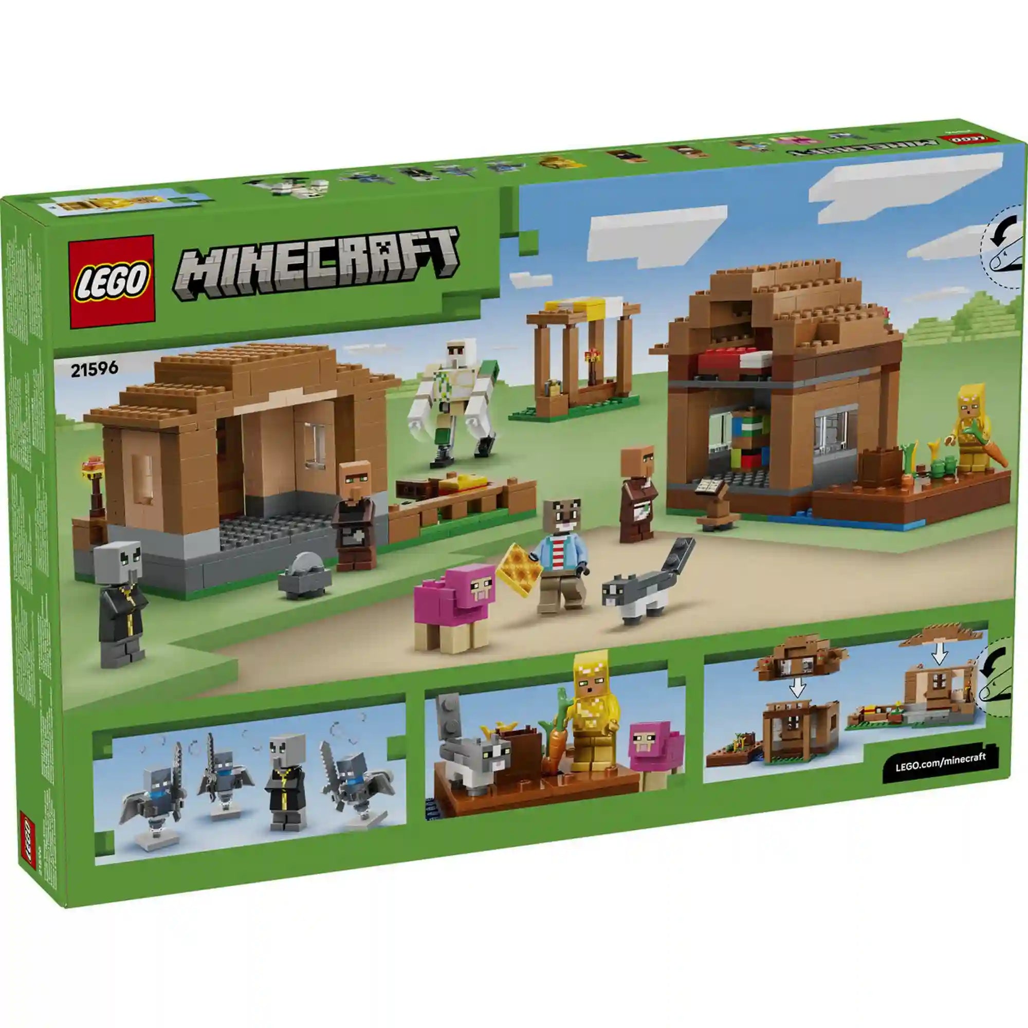 LEGO Minecraft Idézőtámadás a faluban 21596 hátoldali dobozkép, amely bemutatja az épületek belső részleteit, a figurákat és a játéklehetőségeket.