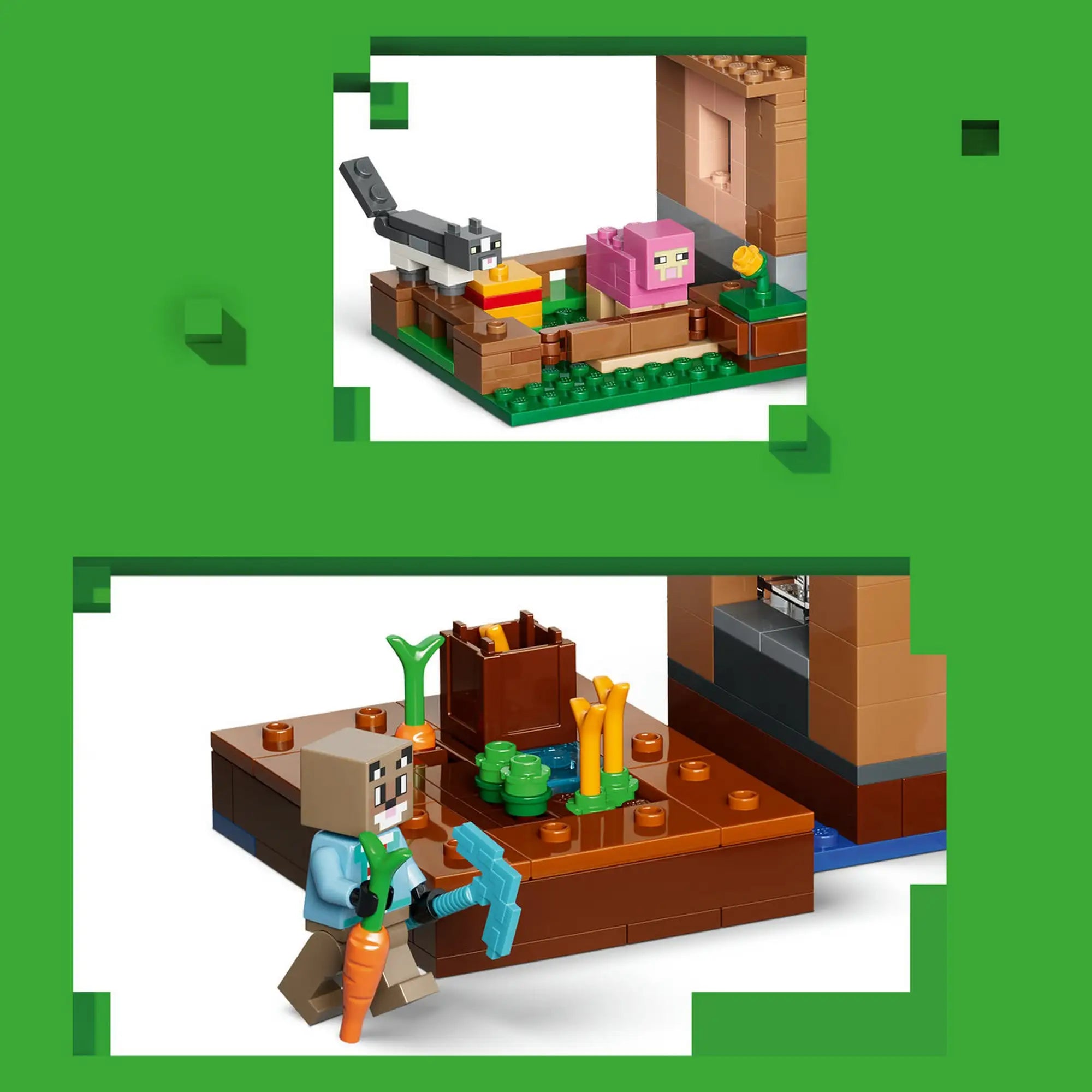 LEGO Minecraft 21596 készlet részlete répafölddel, veteményessel, macskával, rózsaszín báránnyal és falusi figurával.