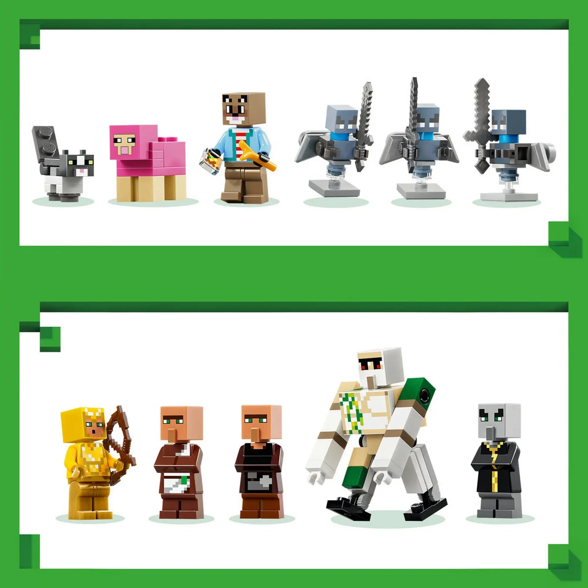 LEGO Minecraft Idézőtámadás a faluban 21596 szereplői, köztük idéző, vasgólem, falusiak, vexek, macska és rózsaszín bárány.