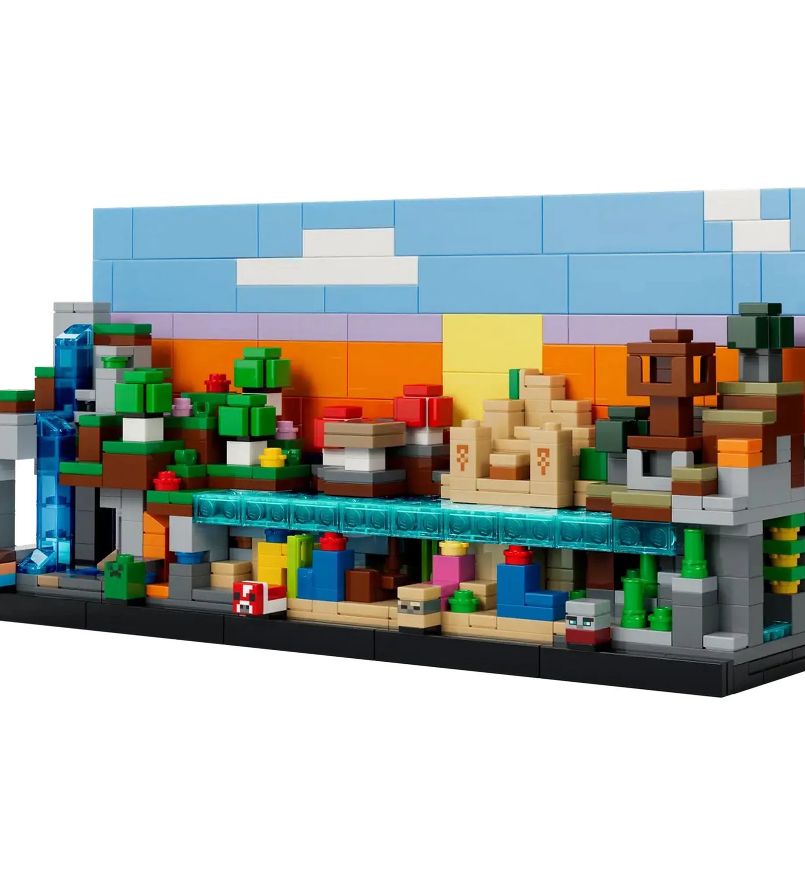 LEGO Minecraft: Minibiomok 21589 teljesen megépítve, több különálló Minecraft biommal.