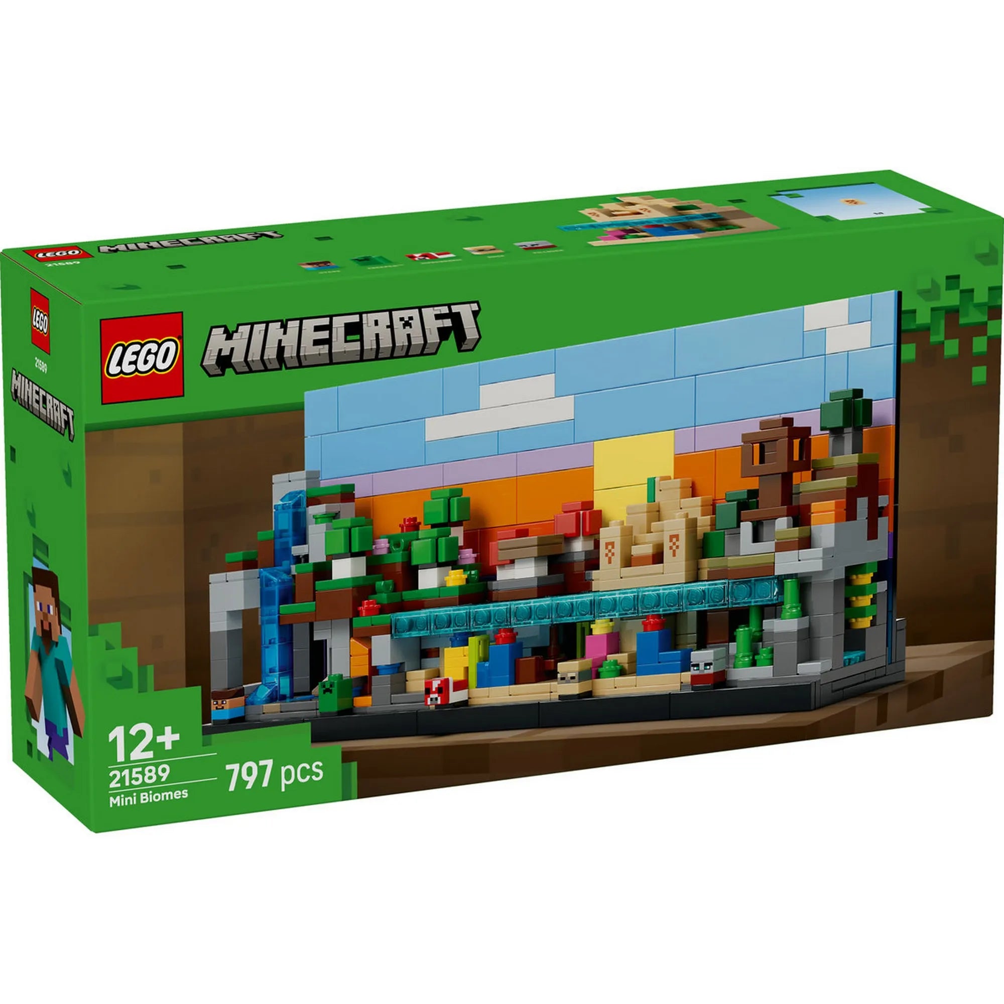LEGO Minecraft: Minibiomok 21589 készlet doboza, színes Minecraft minibiomokkal.
