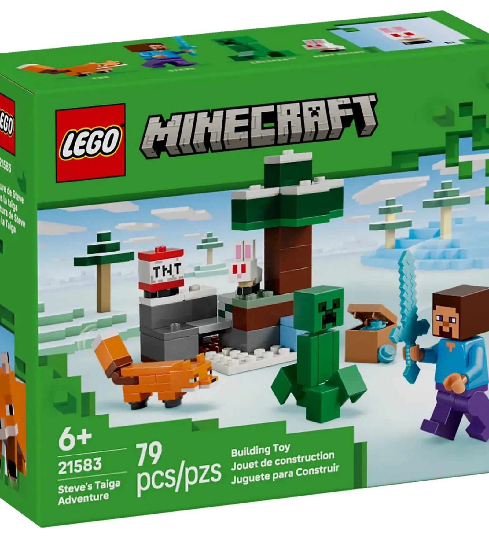 LEGO Minecraft: Steve tajgai kalandjai 21583 dobozkép, havas tajga jelenettel, Steve figurával, creeperrel, rókával és TNT elemmel.