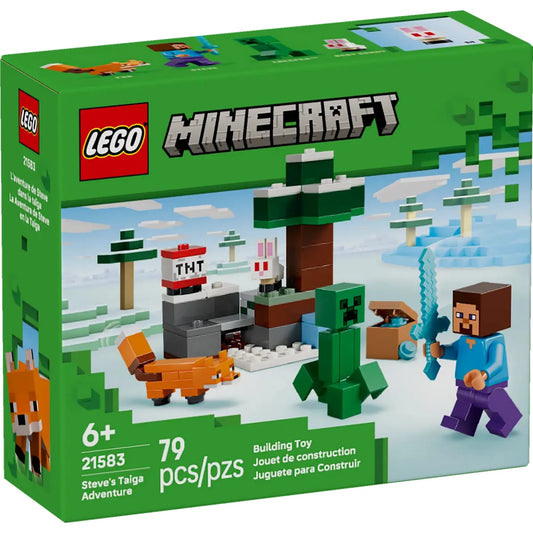 LEGO Minecraft: Steve tajgai kalandjai 21583 dobozkép, havas tajga jelenettel, Steve figurával, creeperrel, rókával és TNT elemmel.