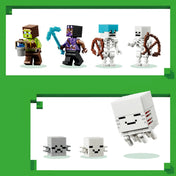 A LEGO Minecraft Szellemkikötő készlet minifigurái és lényei sorban bemutatva.
