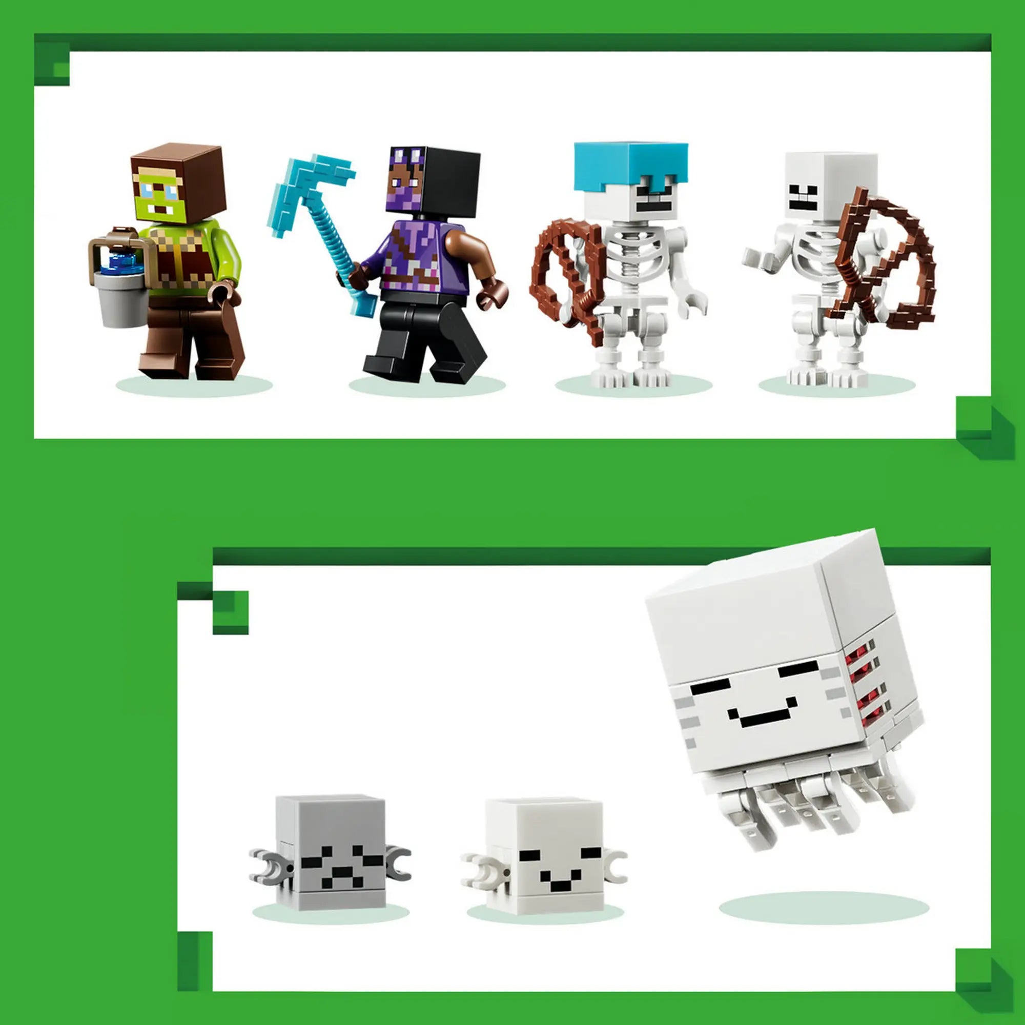 A LEGO Minecraft Szellemkikötő készlet minifigurái és lényei sorban bemutatva.