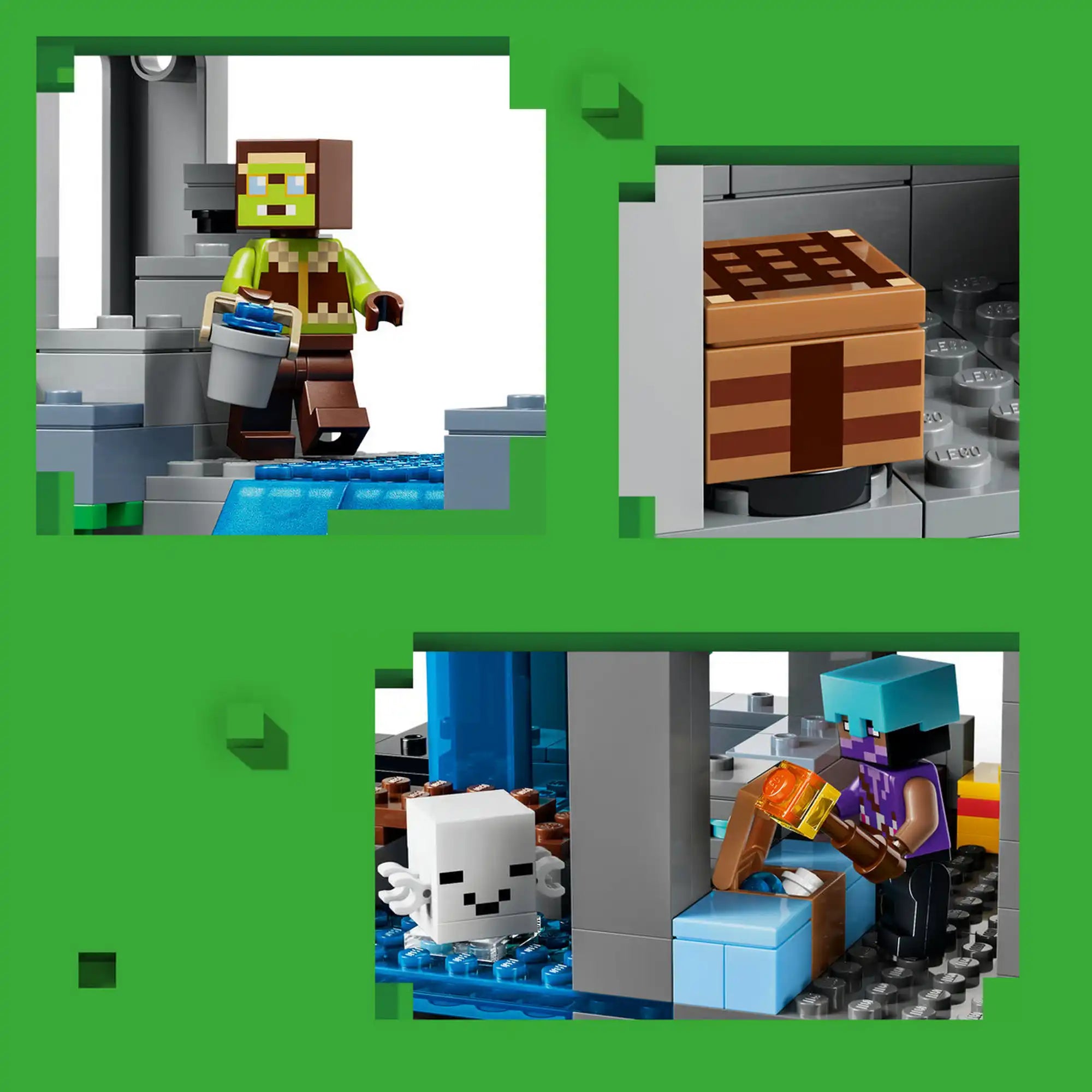 Közeli felvételek a LEGO Minecraft Szellemkikötő készlet részleteiről. A képen egy barkácsasztal, Minecraft karakterek, szellemecske és különféle játékbeli kiegészítők láthatók.
