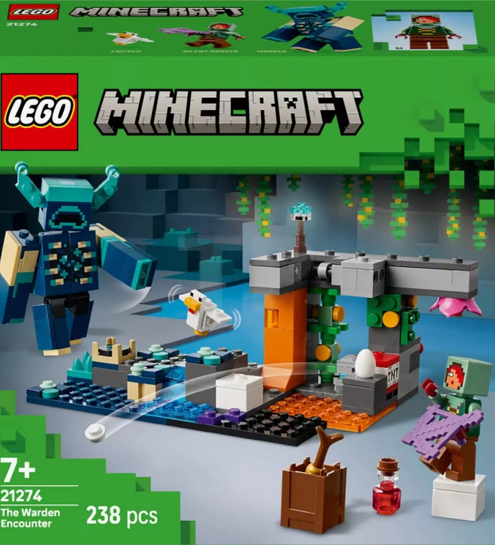 A LEGO Minecraft Találkozás az Őrzővel (21274) készlet doboza elölnézetből, 238 elemes barlangos jelenettel, Őrző figurával, kalandorral és csirkével.