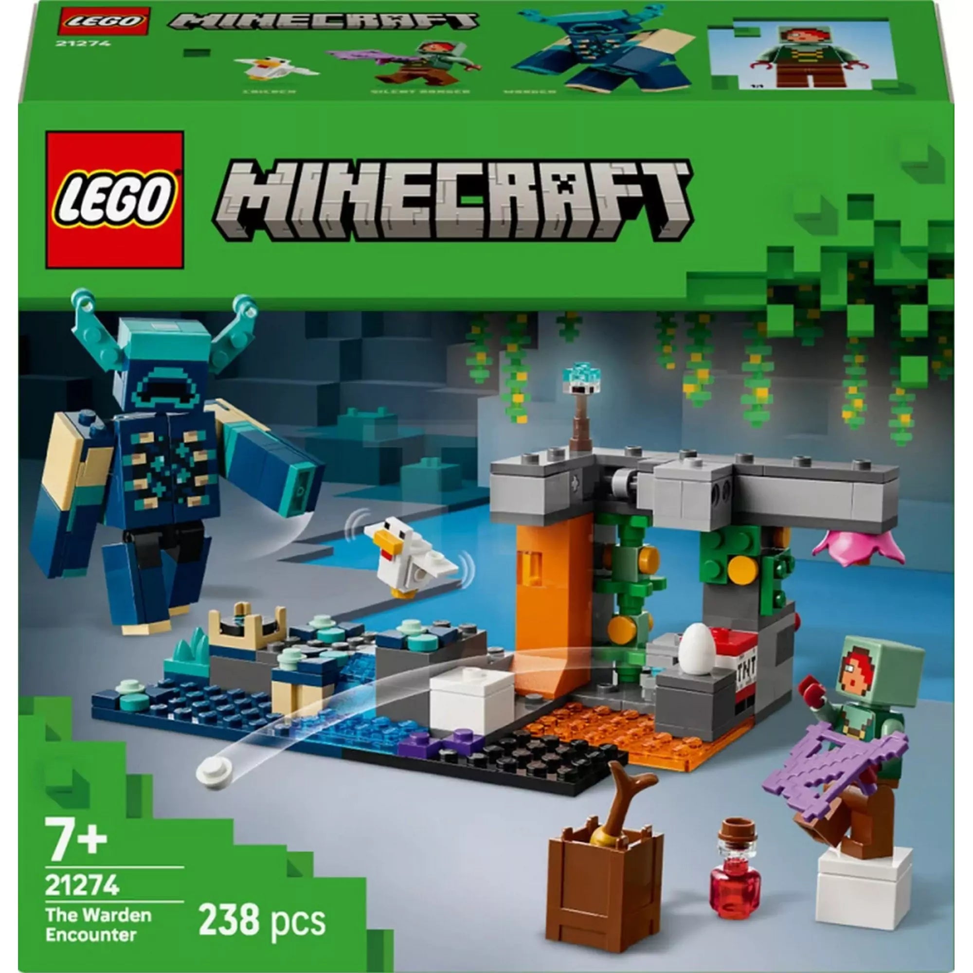 A LEGO Minecraft Találkozás az Őrzővel (21274) készlet doboza elölnézetből, 238 elemes barlangos jelenettel, Őrző figurával, kalandorral és csirkével.