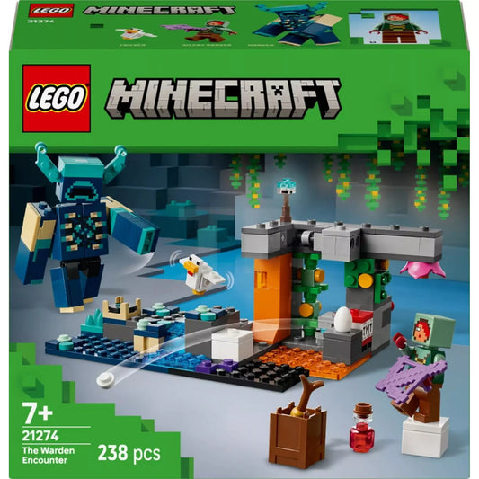 A LEGO Minecraft Találkozás az Őrzővel (21274) készlet doboza elölnézetből, 238 elemes barlangos jelenettel, Őrző figurával, kalandorral és csirkével.