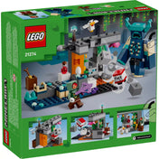 A LEGO Minecraft Találkozás az Őrzővel doboz hátlapja, több játéklehetőséget és funkciót mutat be, például a TNT kilövést és a világító blokkot.