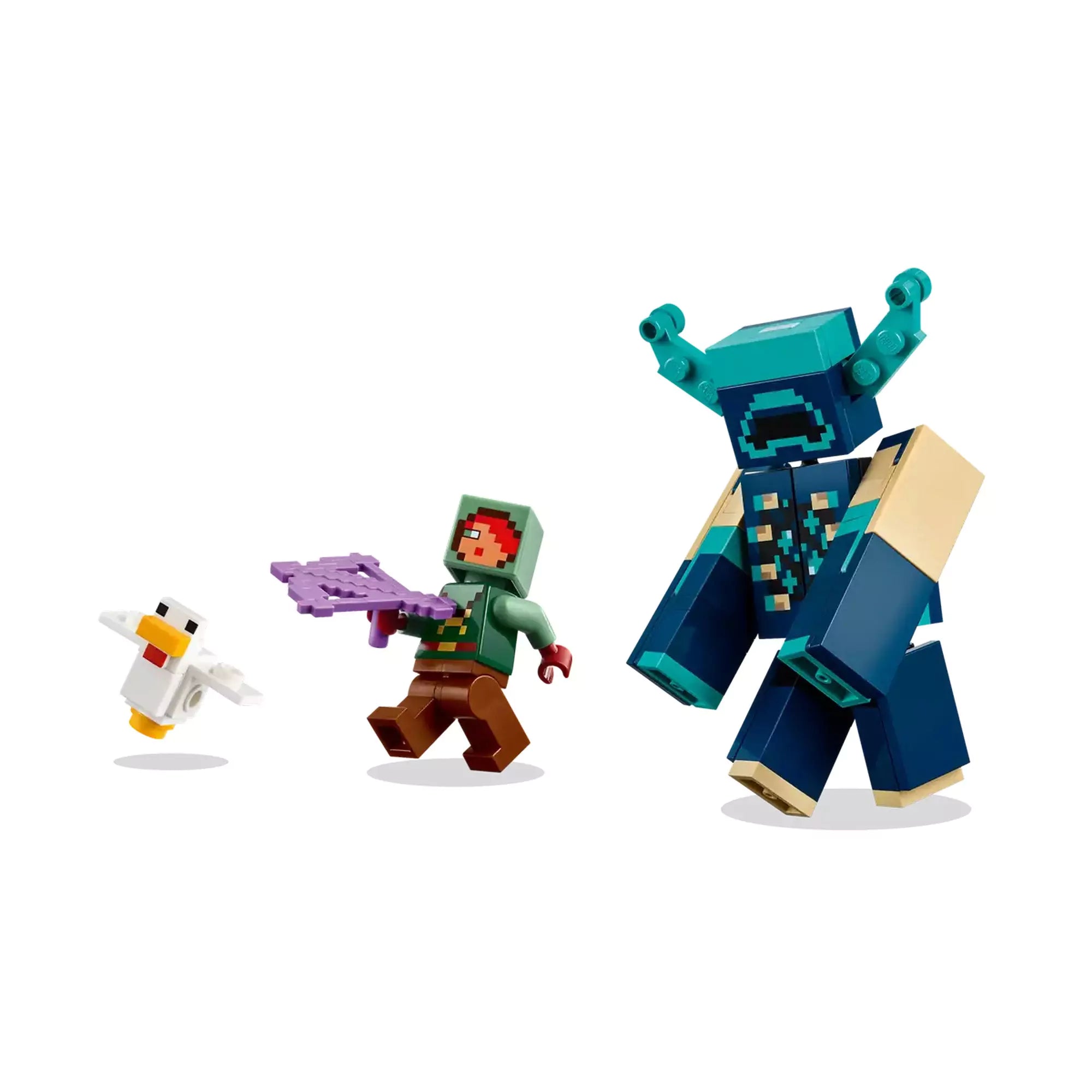 A LEGO Minecraft Találkozás az Őrzővel készlet három figurája: egy fehér csirke, zöld ruhás kalandor íjjal és a sötétkék, robusztus Őrző.
