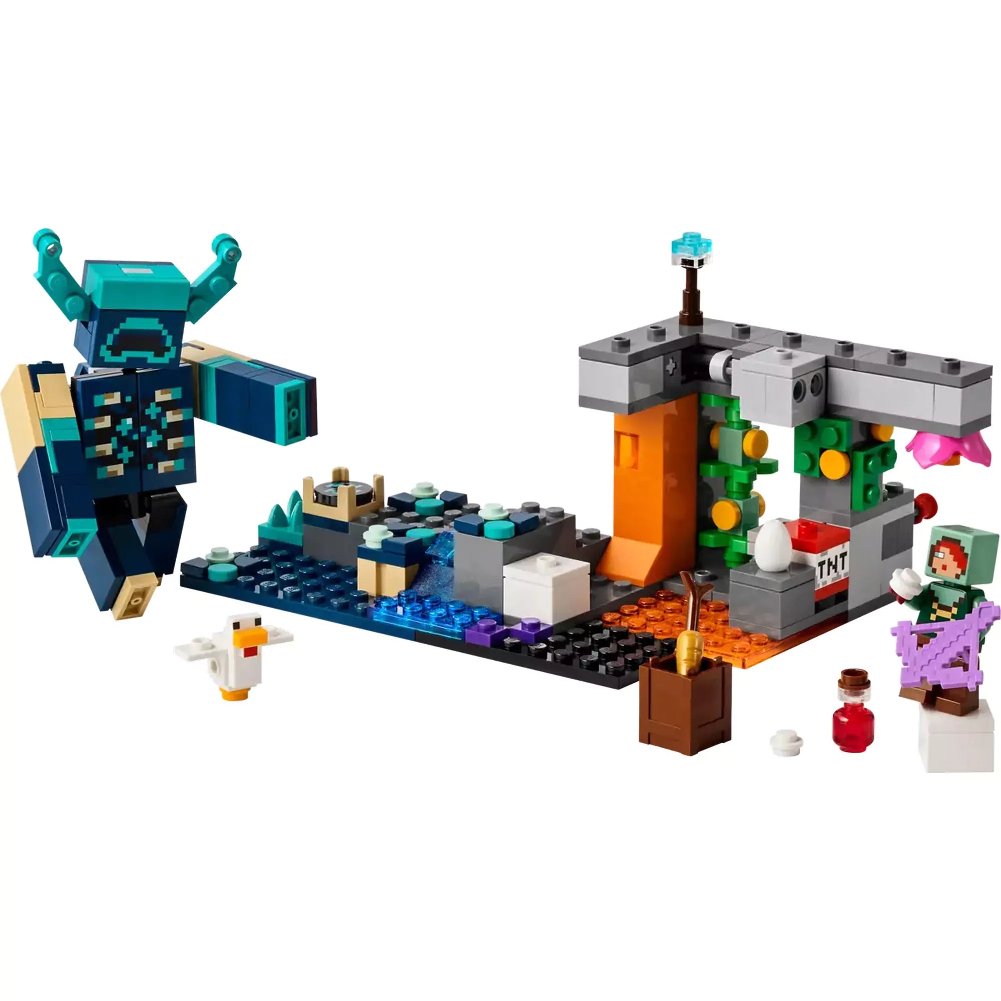 A LEGO Minecraft Találkozás az Őrzővel készlet teljesen összeállítva, benne barlang, víz, TNT-blokk, mozgatható csapda, kalandor és Őrző figura.