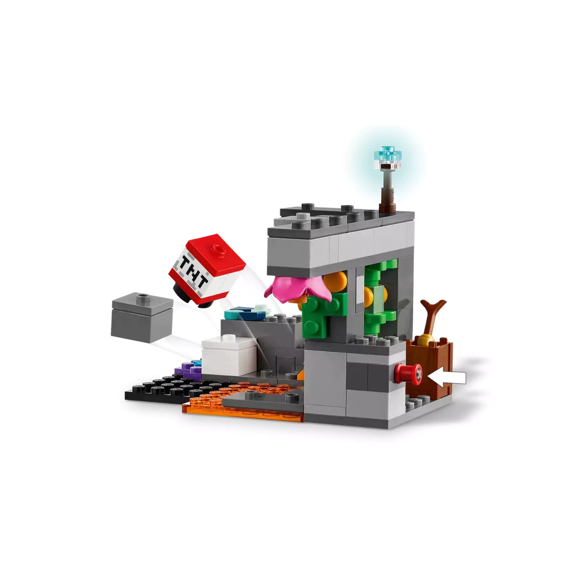 A LEGO Minecraft Találkozás az Őrzővel barlangjelenet robbanó csapdája, kilőhető TNT-blokkal és rejtett részletekkel.
