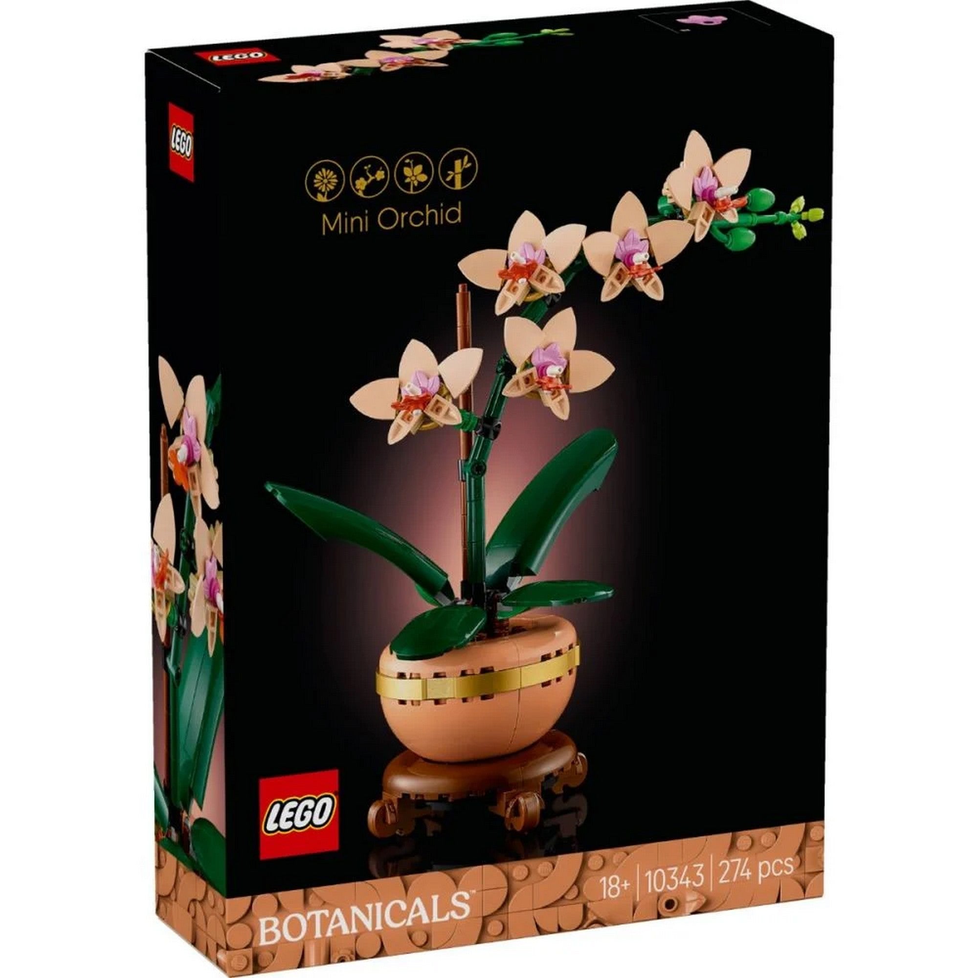 A LEGO Botanicals 'Mini Orchid' készlet doboza, amely a kész modell elegáns megjelenését mutatja be, ideális ajándék vagy lakásdekoráció céljából.
