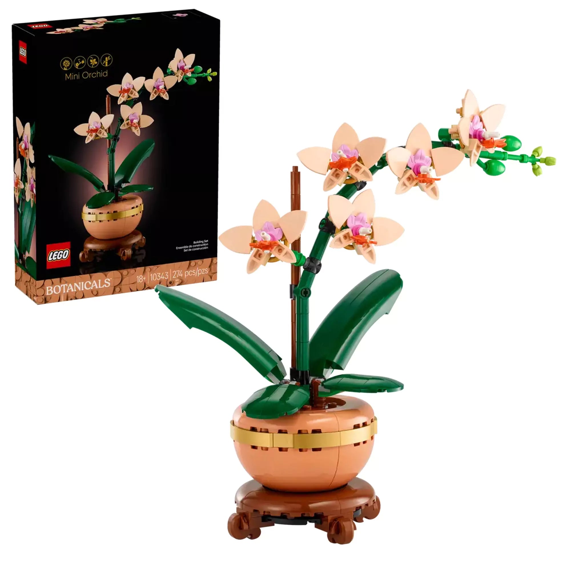 A LEGO Botanicals 'Mini Orchidea' készlet doboza, előtérben magával a termékkel kirakott állapotban
