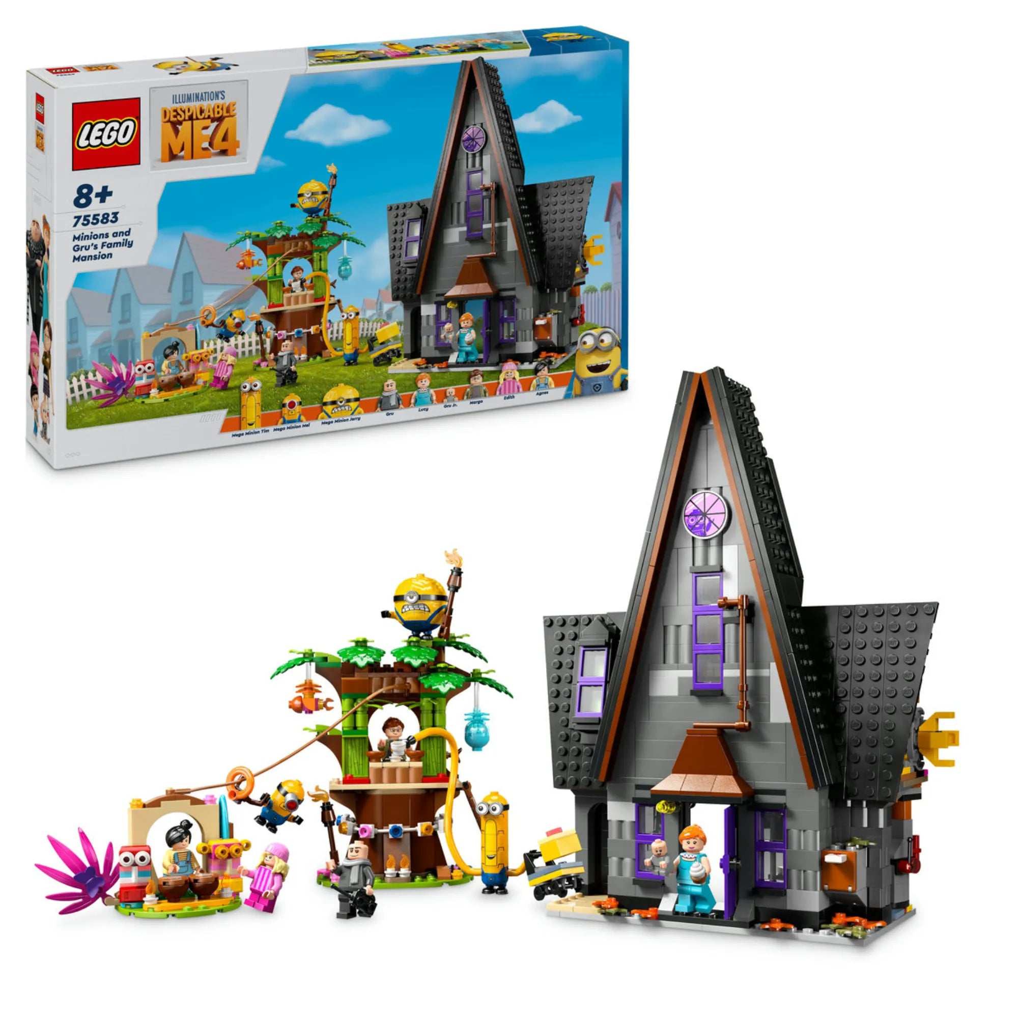 LEGO Minions 75583 dobozkép – Gru családi háza és a lányok lombháza részletes megépíthető változatban, 868 elemmel, 8 éves kortól.