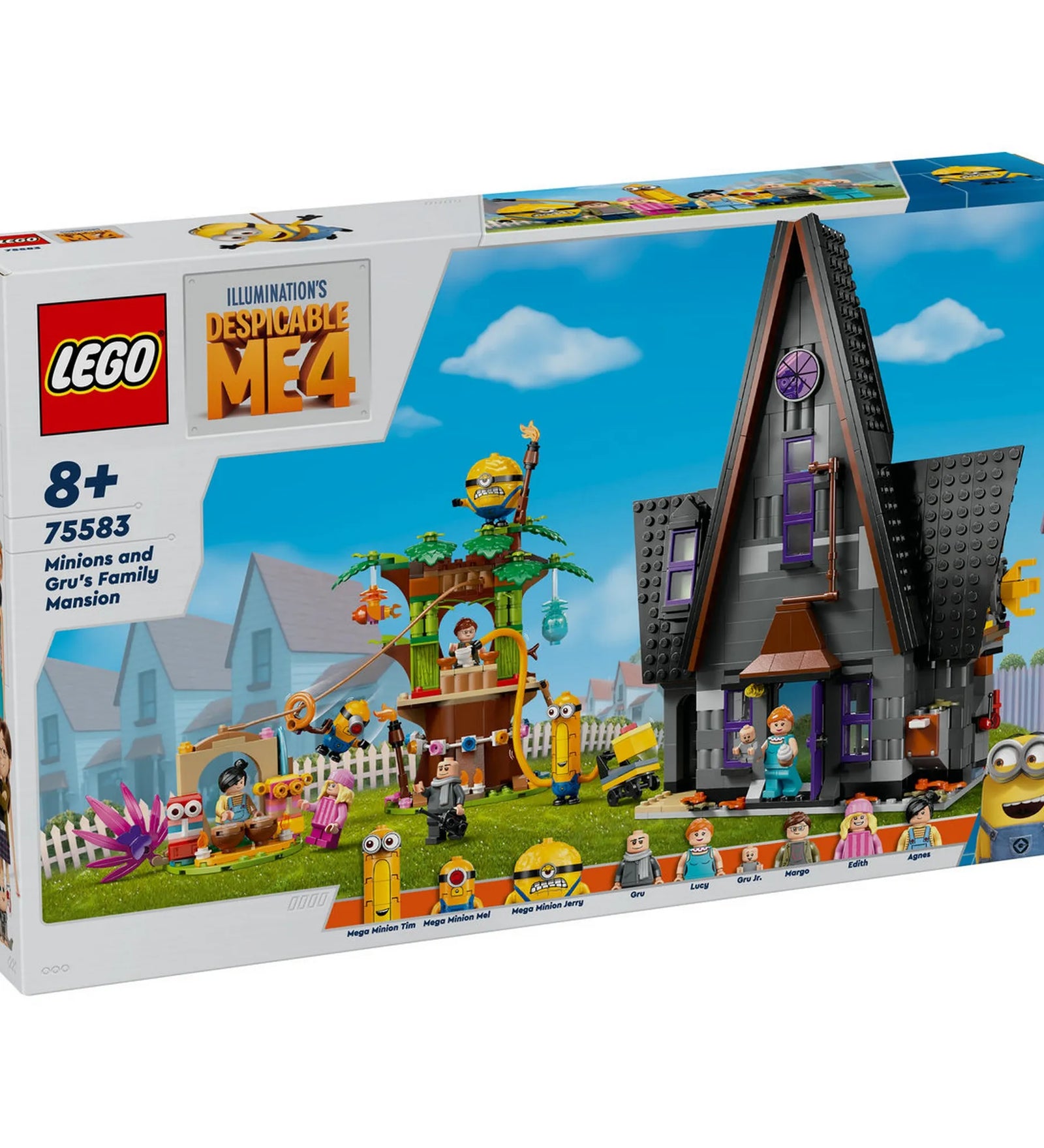 LEGO Minions A minyonok és Gru családi háza (75583) dobozkép – Gru ikonikus otthona, a lányok lombháza és a szettben található minifigurák.