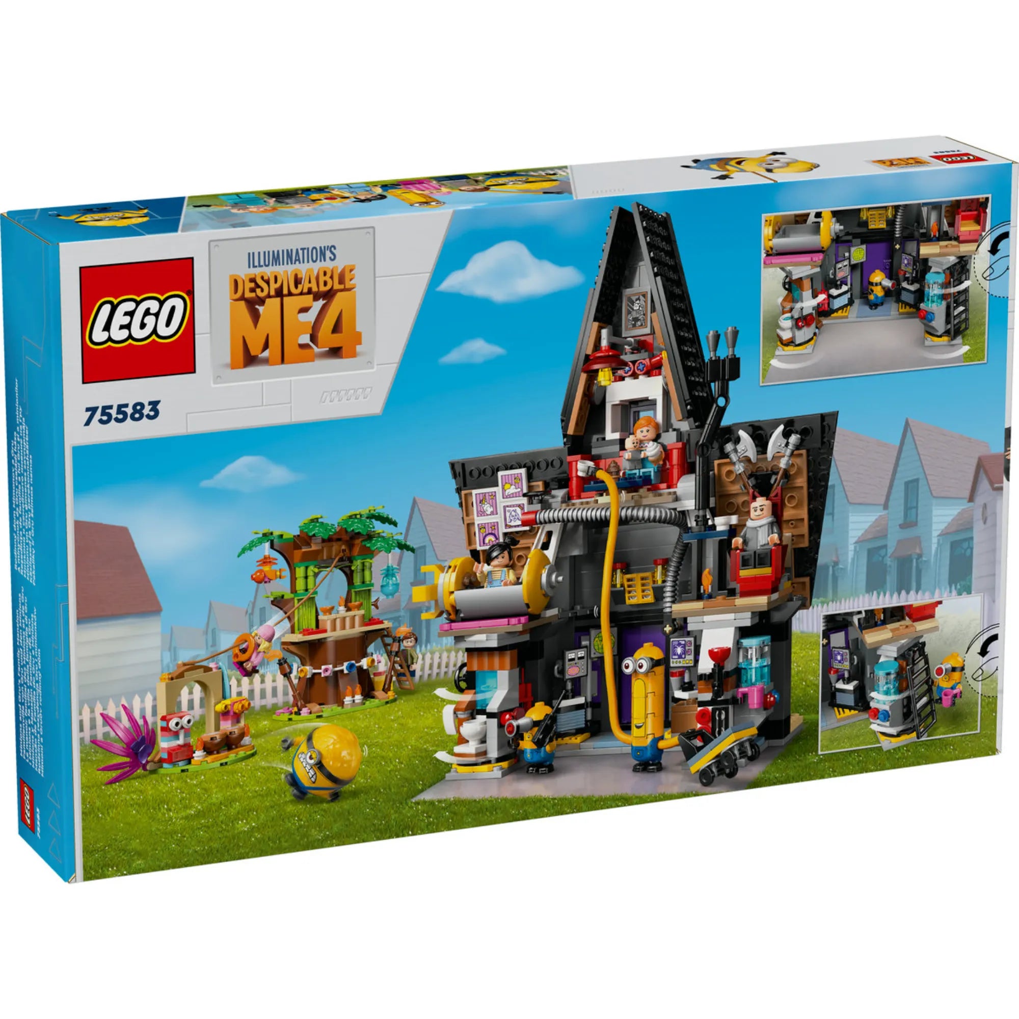 LEGO 75583 doboz hátoldala – Gru házának részletes belső tere, minyon labor, forgó modulok, és a lányok színes lombháza kiegészítőkkel.