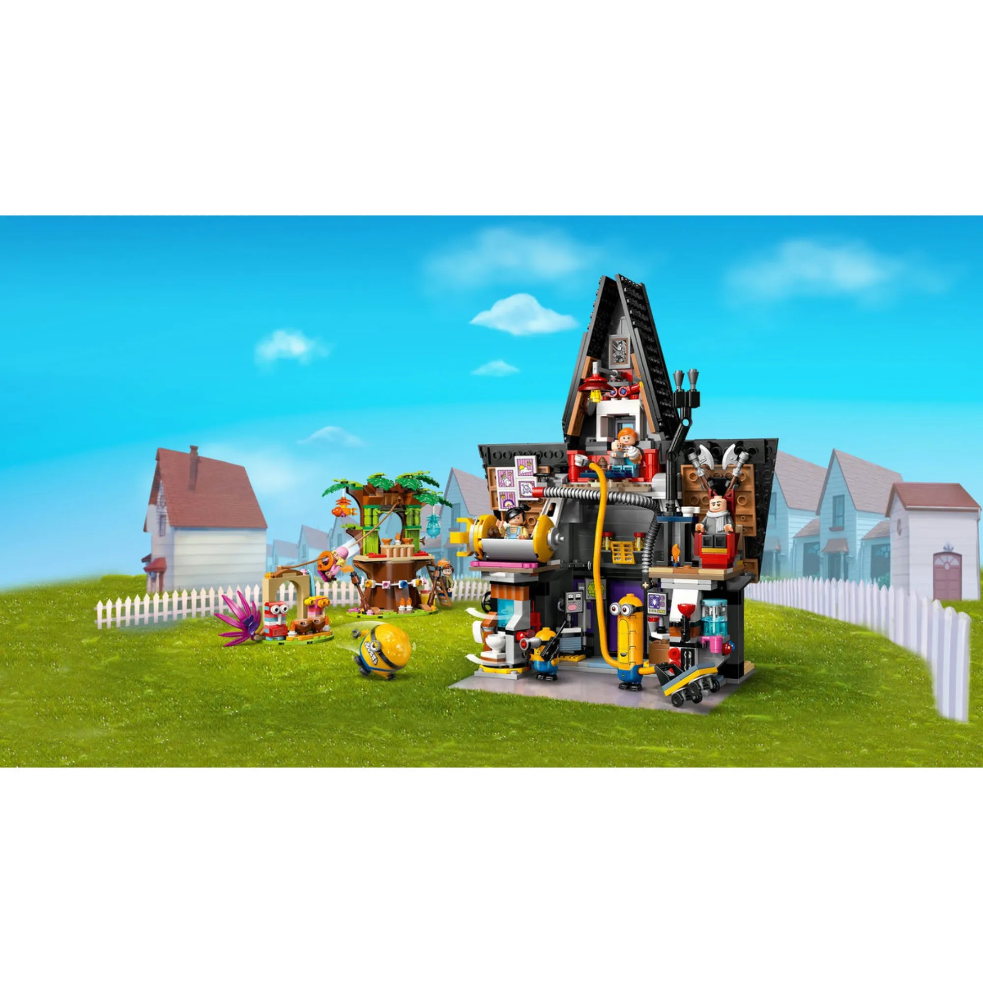 LEGO Minions 75583 készlet megépítve – Gru háza, a lombház, minifigurák és mega minyon figurák egy asztalon kiállítva.