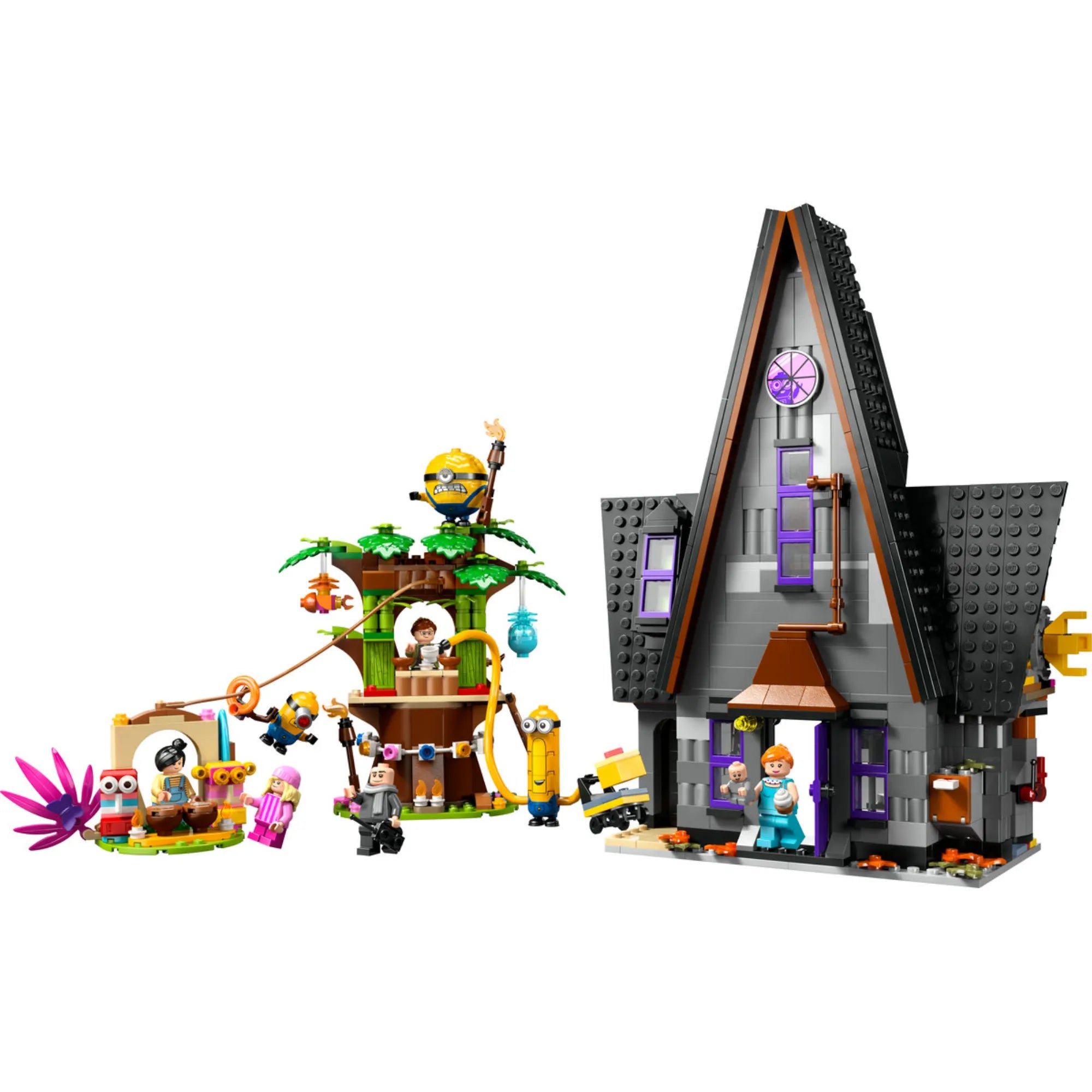 LEGO Minions A minyonok és Gru családi háza (75583) – a felépített modell bemutatja Gru ikonikus házát és a lányok játékos lombházát.
