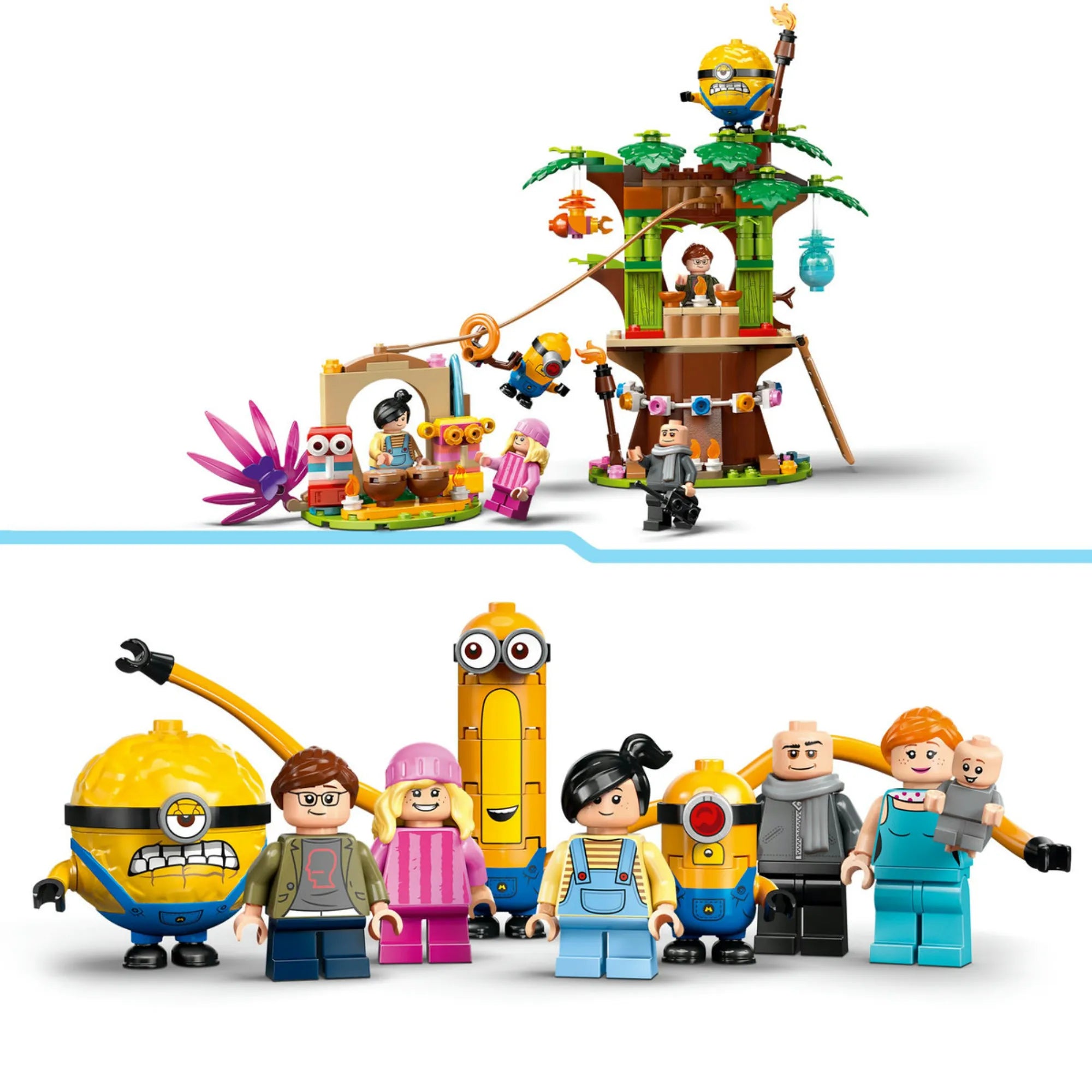 LEGO Minions A minyonok és Gru családi háza (75583) – kültéri jelenet a házzal és a lombházzal, minyonokkal és kiegészítőkkel.
