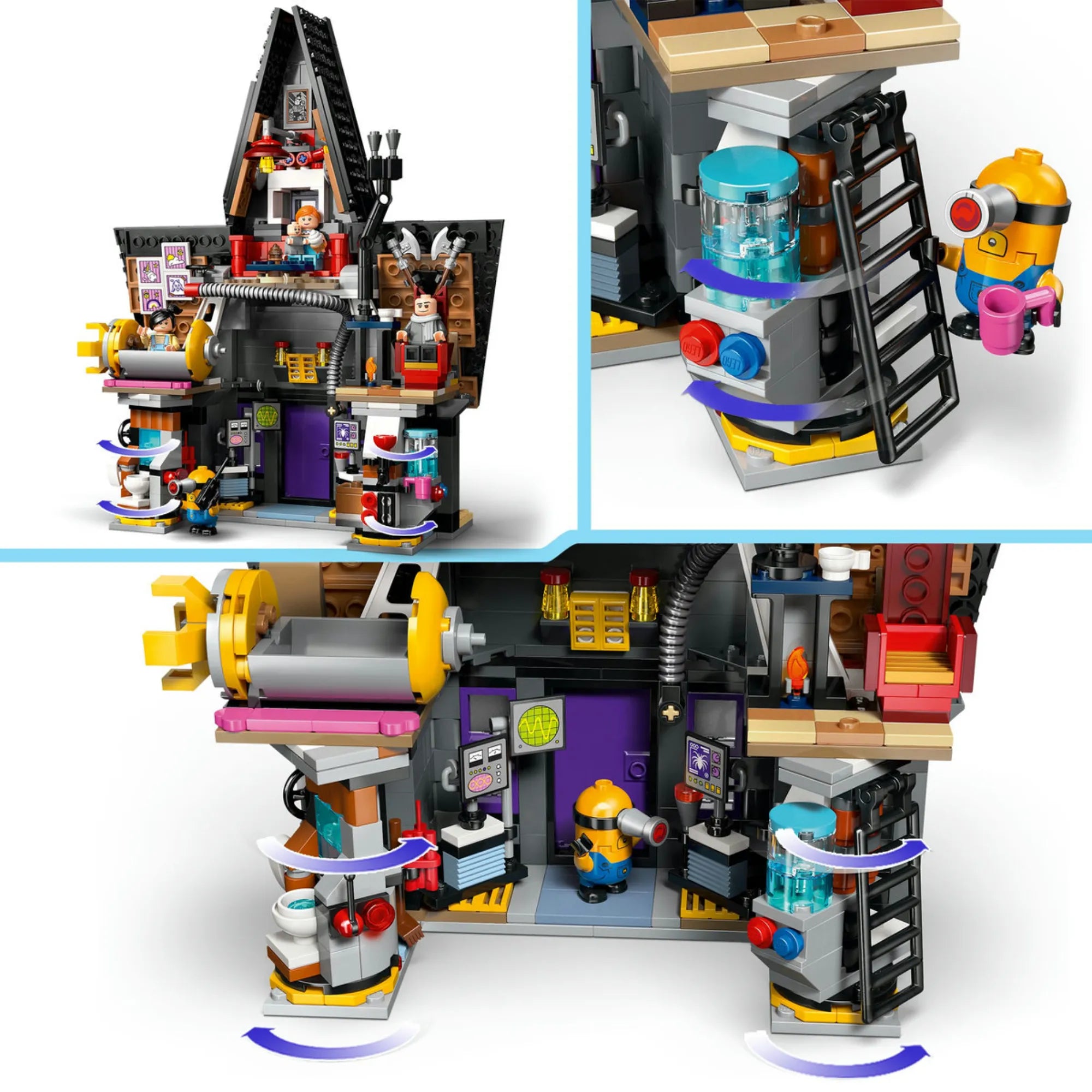 LEGO Minions 75583 – a készlethez tartozó minifigurák: Gru, Lucy, Margo, Edith, Agnes, Baby, valamint három mega minyon (Mel, Jerry, Tim).