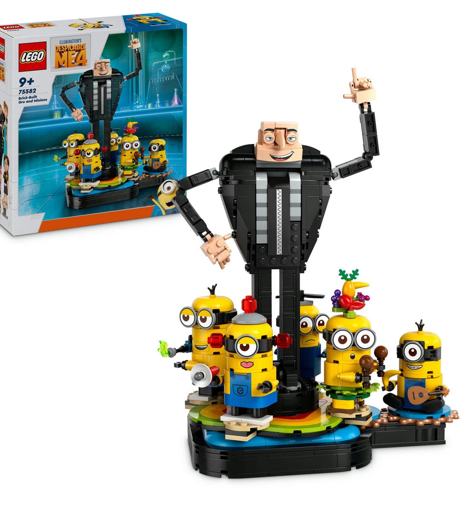 LEGO Minions Kocka Gru és minyonok (75582) – a doboz és a teljesen felépített modell, Gru és a táncoló minyonok színes platformon.