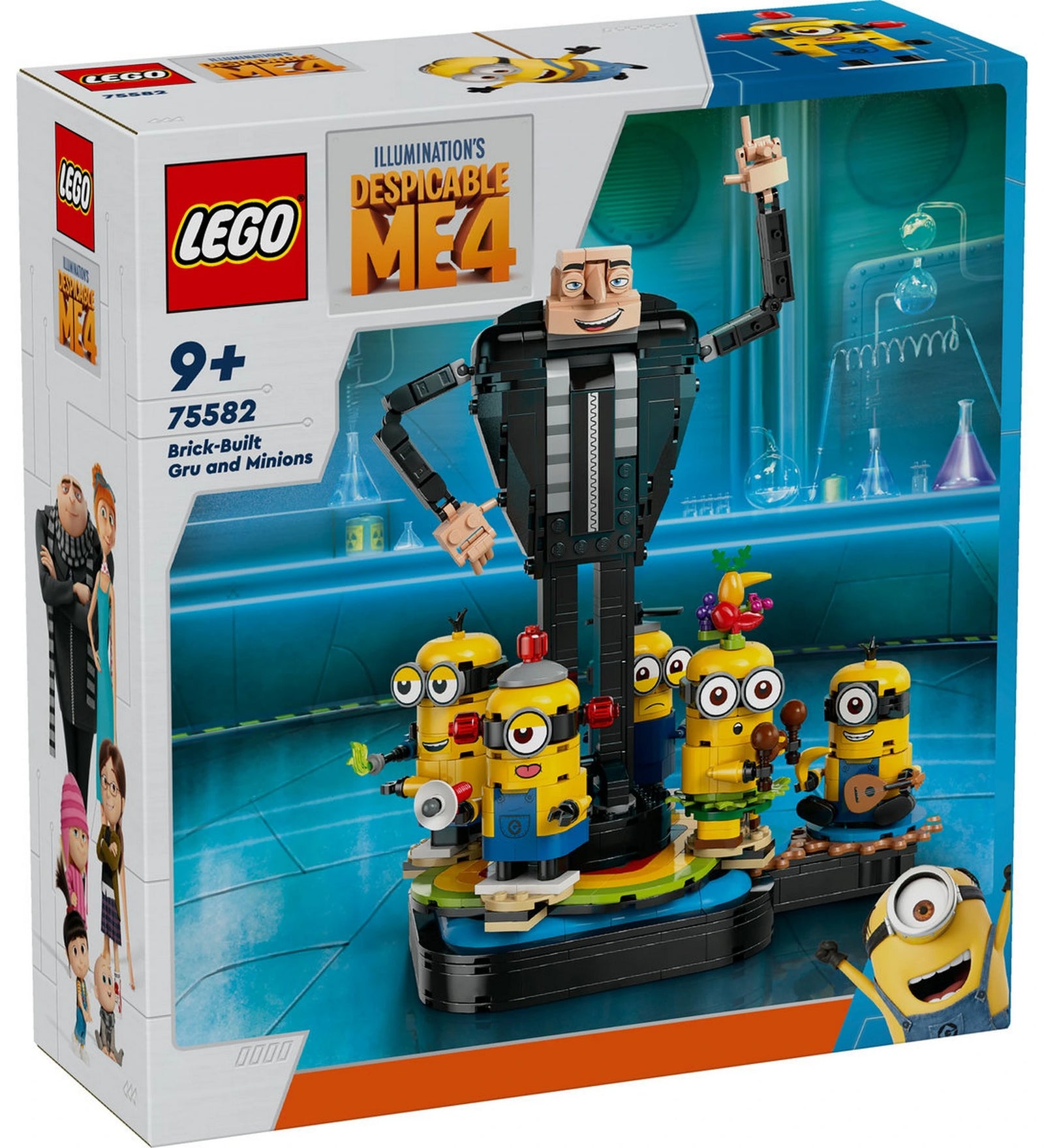 LEGO Minions Kocka Gru és minyonok (75582) dobozkép – Gru nagy méretű figurája és öt különböző minyon karakter építhető változatban.