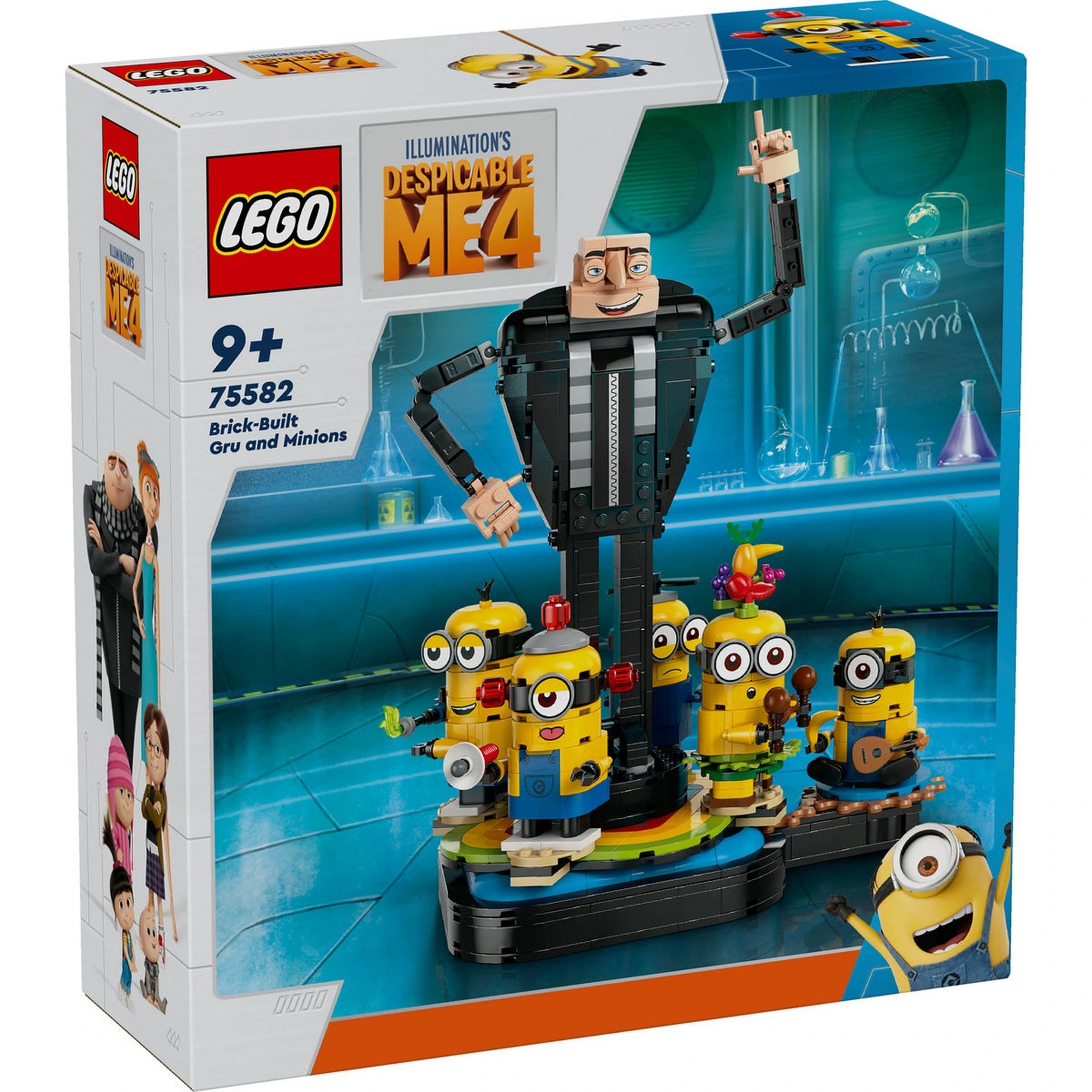 LEGO Minions Kocka Gru és minyonok (75582) dobozkép – Gru nagy méretű figurája és öt különböző minyon karakter építhető változatban.