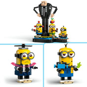 LEGO Minions 75582 – részletes közeli képek a minyon figurákról: Dave propellerrel és walkie-talkie-val, valamint Kevin szélfegyverrel.