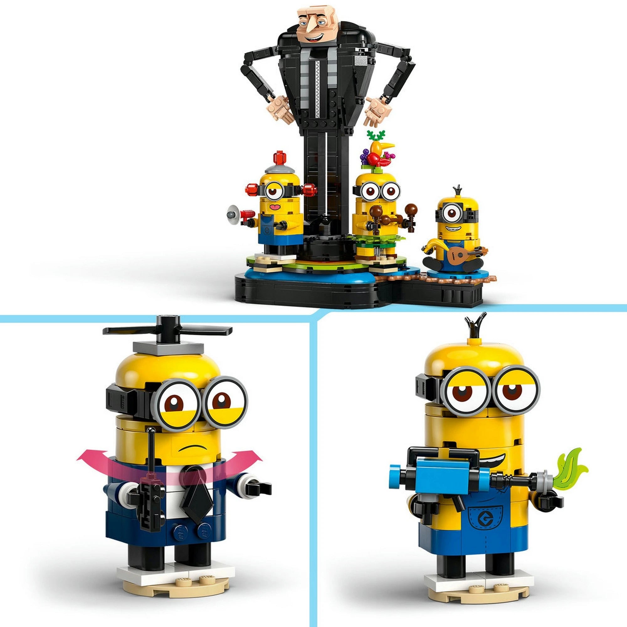 LEGO Minions 75582 – részletes közeli képek a minyon figurákról: Dave propellerrel és walkie-talkie-val, valamint Kevin szélfegyverrel.