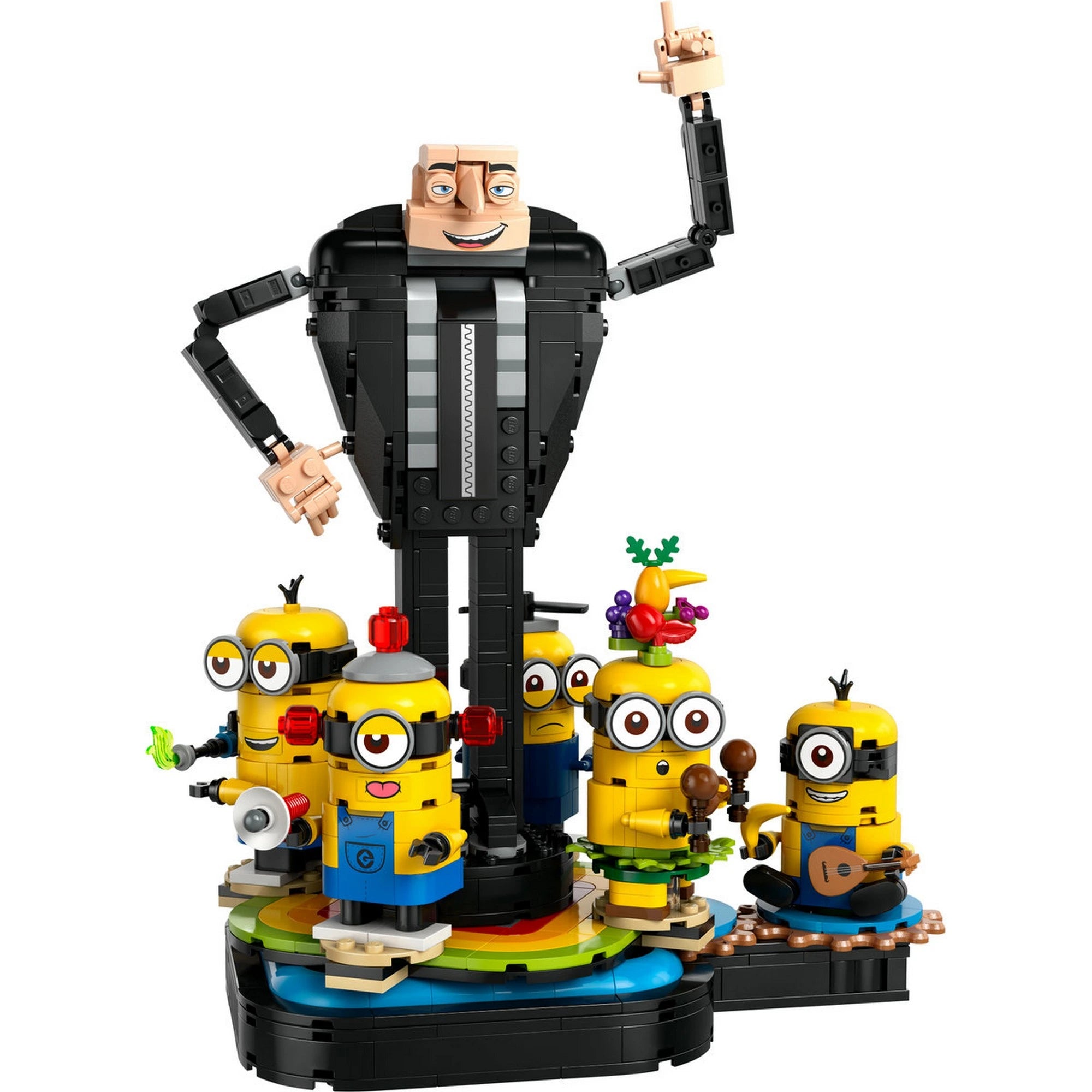 LEGO Minions 75582 épített modell – Gru középen áll, körülötte a minyon figurák különféle kiegészítőkkel, asztalon kiállítva.