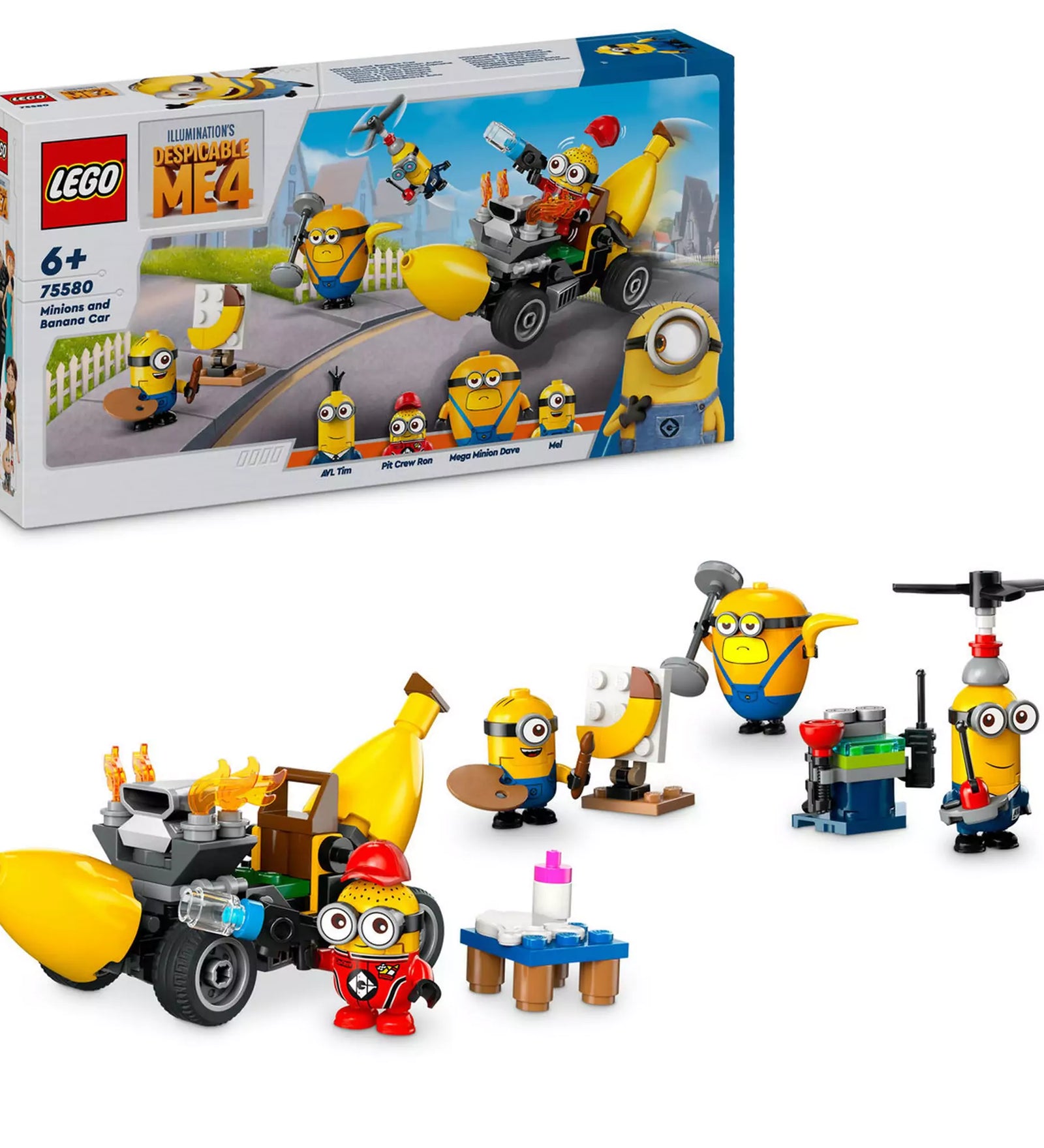 LEGO Minions: Minyonok és banánautó (75580) készlet kibontva, minden elem látható játék közben és a doboz mellett.