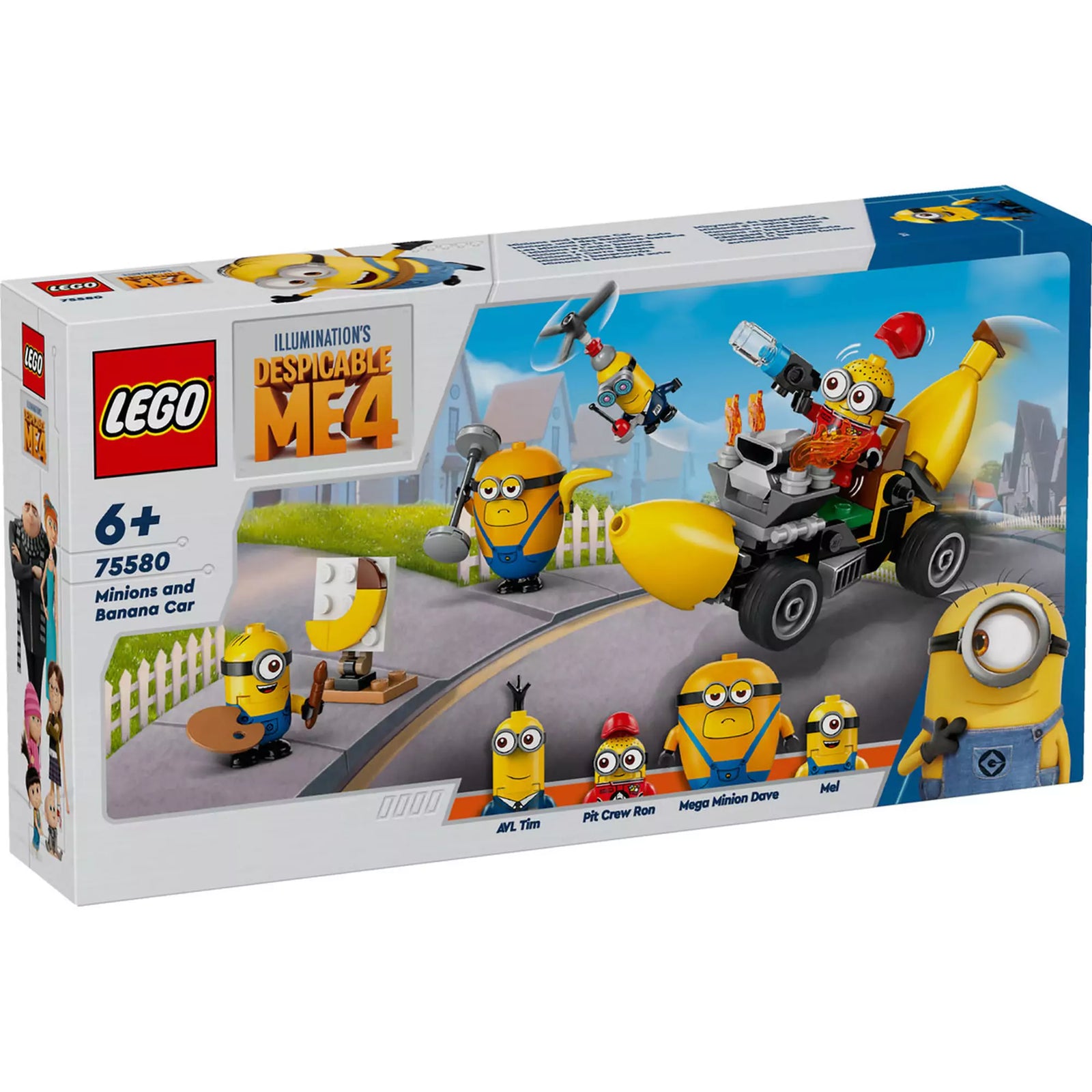 LEGO Minions: Minyonok és banánautó (75580) dobozkép, előtérben a banán alakú járművel és 4 minyon figurával.