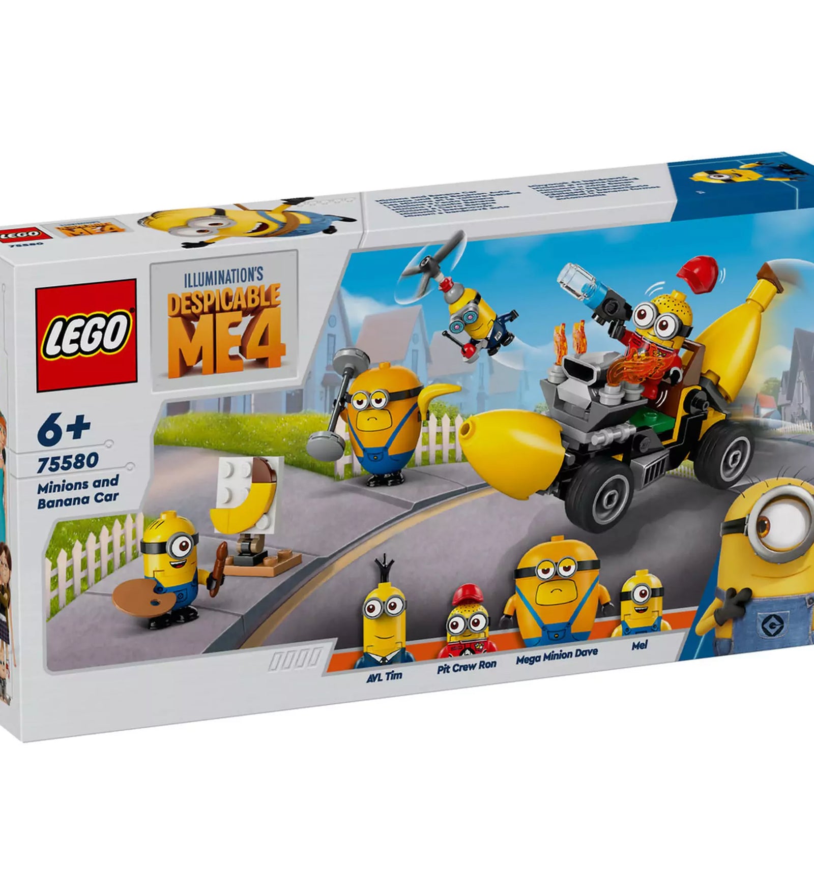 LEGO Minions: Minyonok és banánautó (75580) dobozkép, előtérben a banán alakú járművel és 4 minyon figurával.