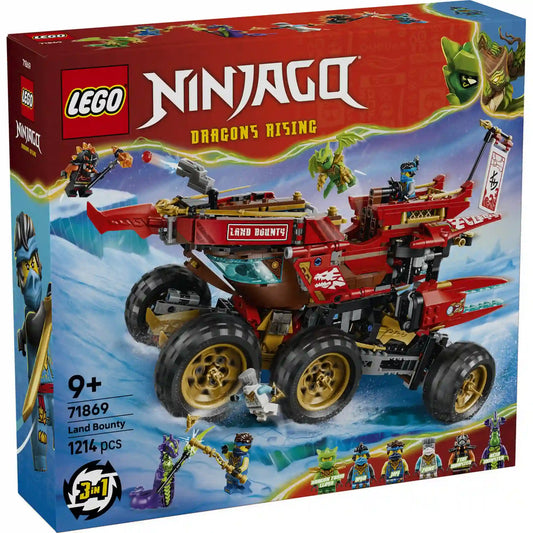LEGO NINJAGO Dragons Rising A föld adománya 71869 készlet dobozképe a hatalmas vörös harci járművel és a szereplő minifigurákkal.