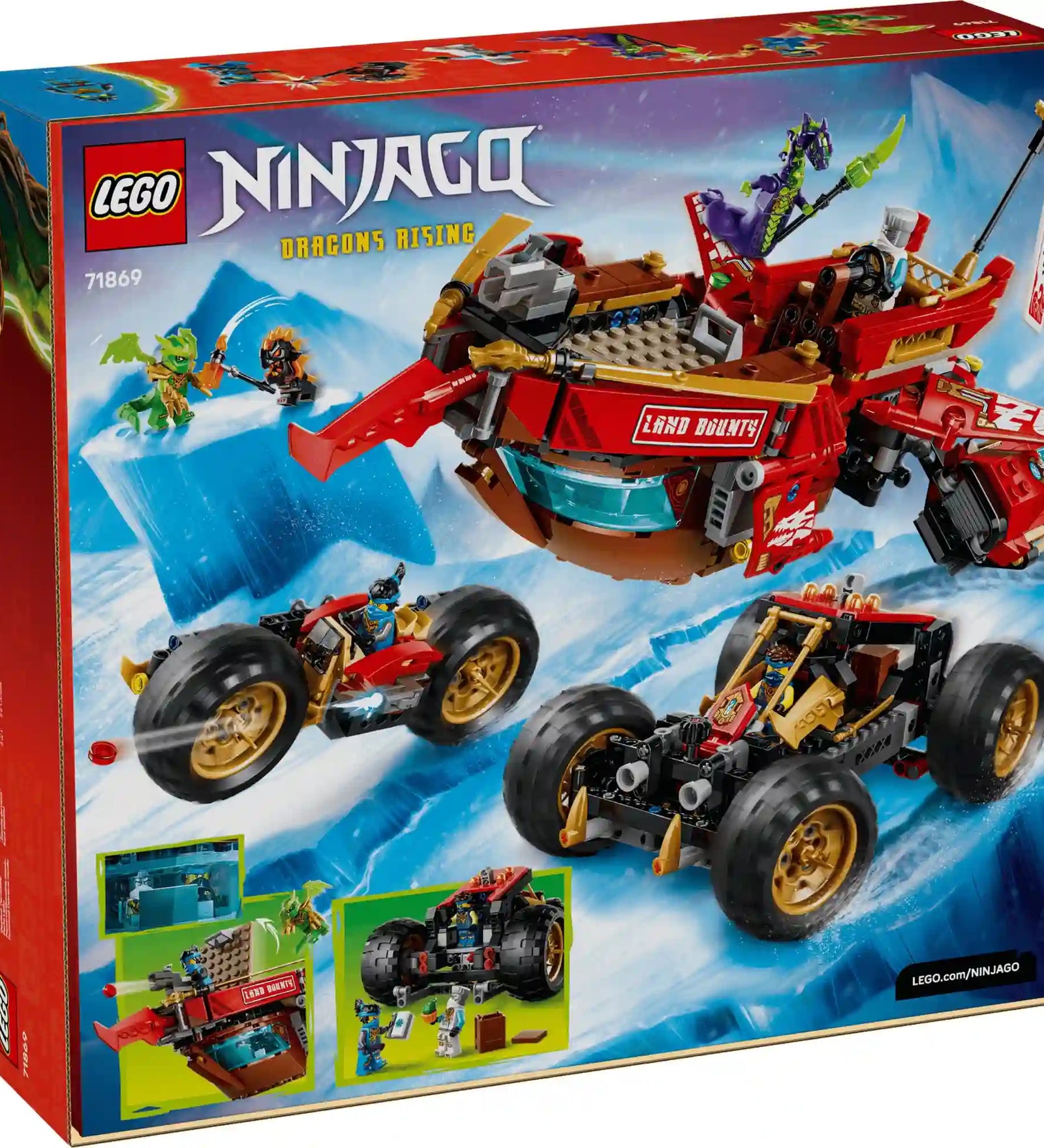 LEGO NINJAGO Dragons Rising A föld adománya 71869 készlet hátoldali dobozképe, amely bemutatja a 3 az 1-ben funkciókat és a jármű átalakításait.